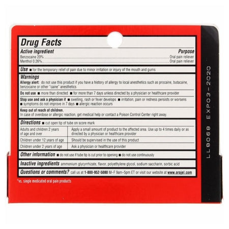 Oral Pain Relief Orajel 20% Strength Benzocaine Oral Gel 0.42 oz.,Packaging Type- Each