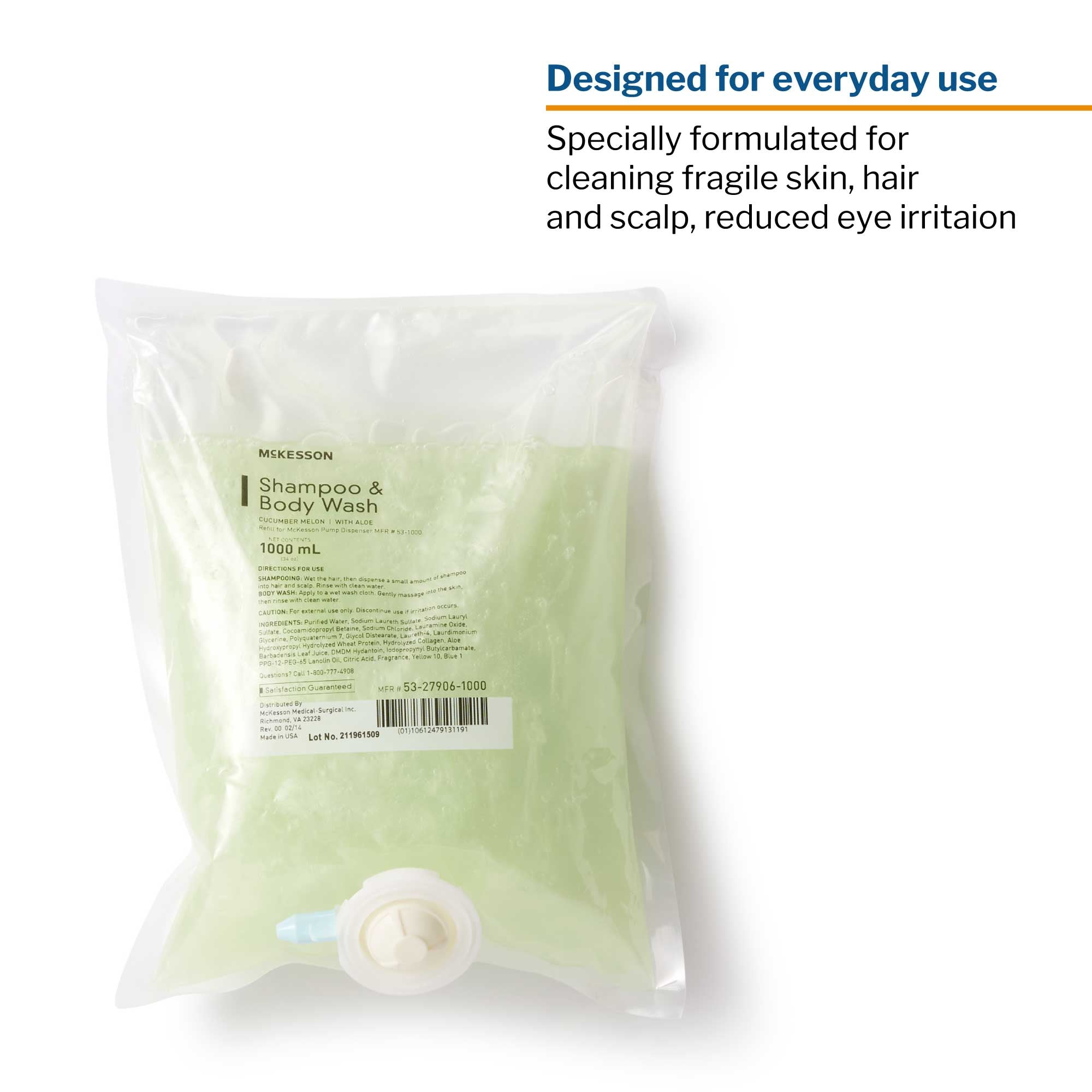 Shampoo and Body Wash McKesson 1,000 mL Dispenser Refill Bag Cucumber Melon Scent, Packaging Type- Case