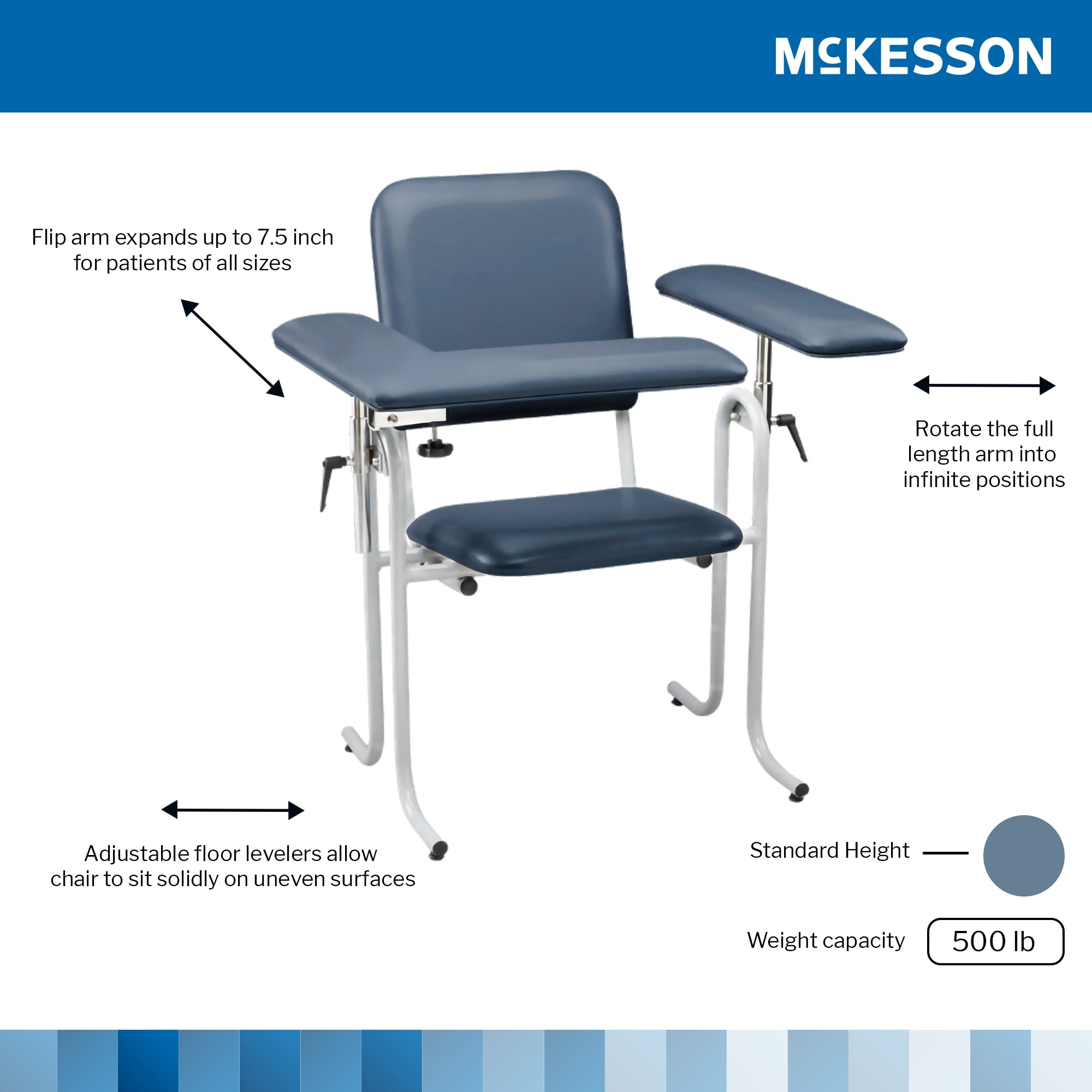Blood Drawing Chair McKesson 1 Straight Arm / 1 Flip Up Arm Blue, Packaging Type- Each