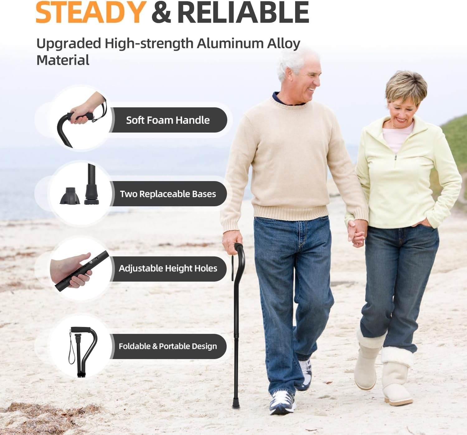 Walking Cane for Men & Women Adjustable Cane with Offset Soft Cushioned Handle  Portable Lightweight Sturdy Mobility Walker Aid for Elderly, Seniors Collapsible Cane