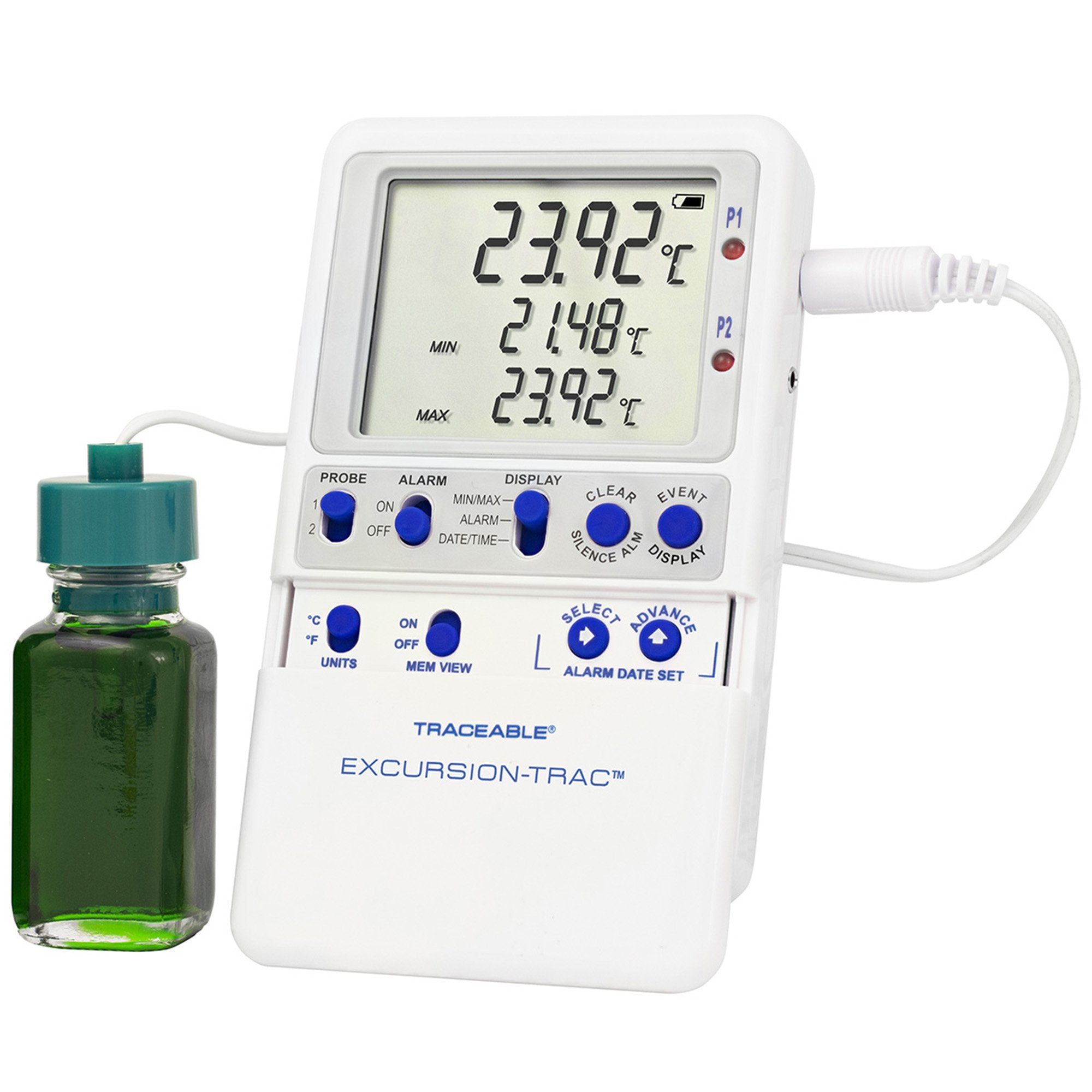 Datalogging Refrigerator / Freezer Thermometer Traceable Excursion Trac Fahrenheit / Celsius 58° to +158°F ( 50° to +70°C) Bottle Probe Multiple Mounting Options Battery Operated