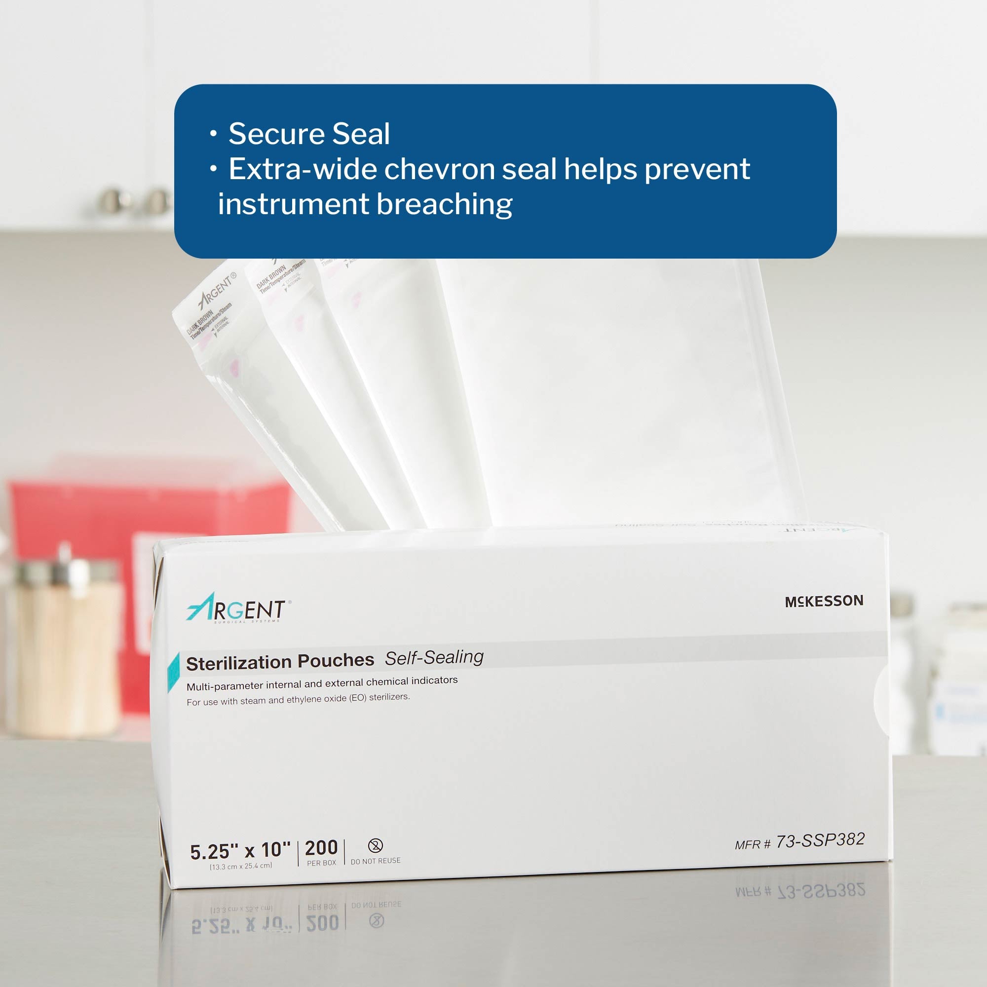 Sterilization Pouch McKesson Argent Sure-Check Ethylene Oxide (EO) Gas / Steam 5-1/4 X 10 Inch Transparent / Blue Self Seal Paper / Film, Packaging Type- Case