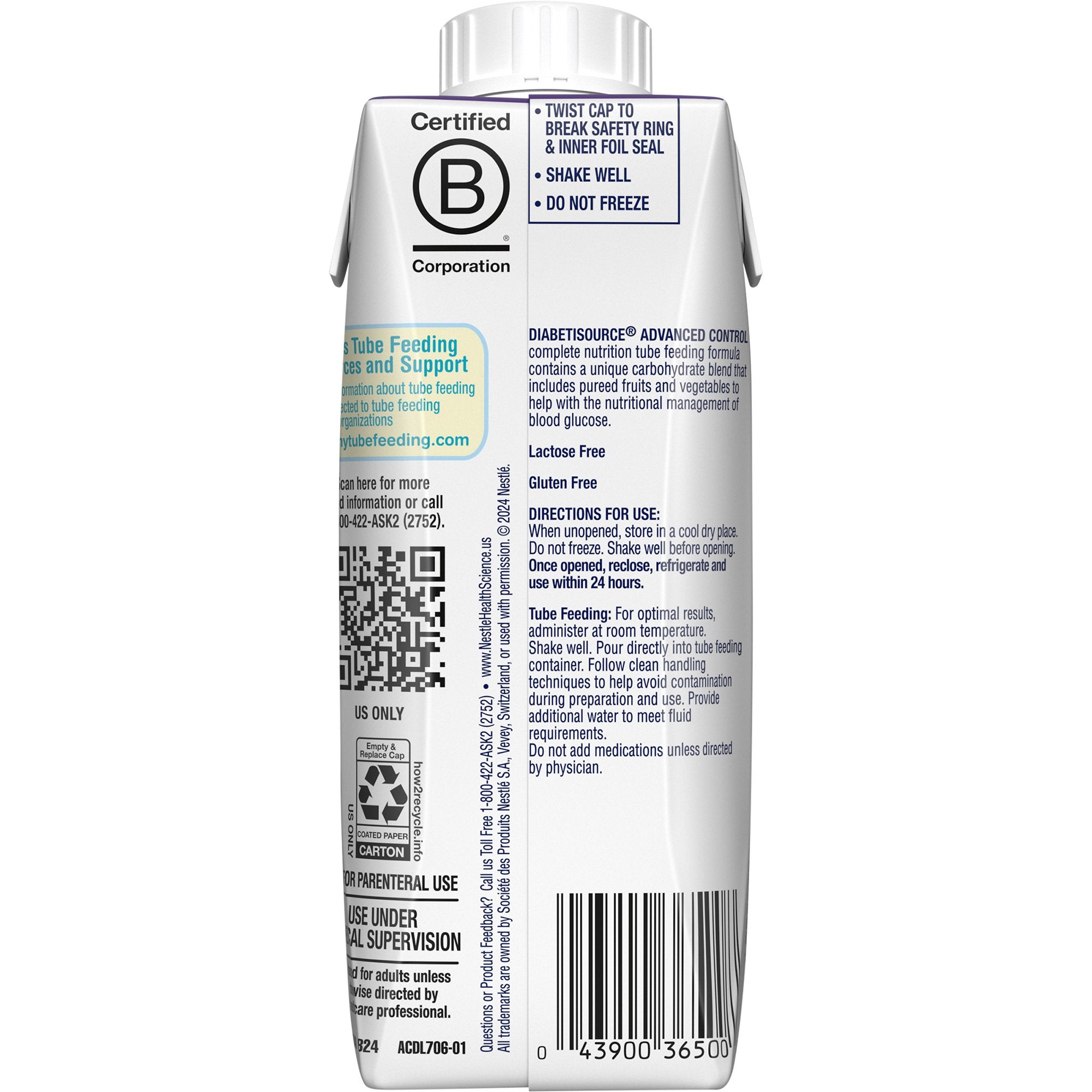 Tube Feeding Formula Diabetisource AC Unflavored Liquid 250 mL Carton, Packaging Type- Case