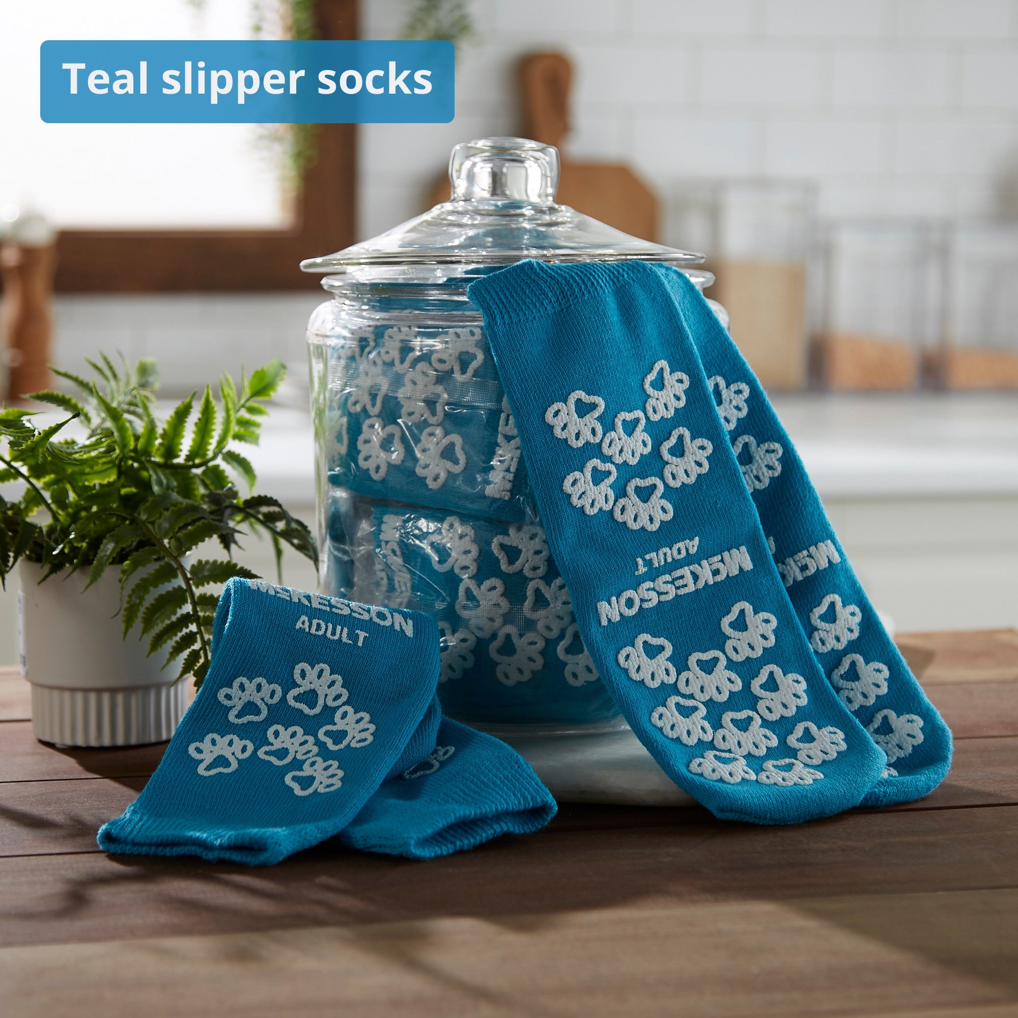 Slipper Socks McKesson Terries Unisex Adult One Size Fits Most Double Tread Single Patient Use Teal, Packaging Type- Case