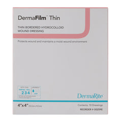 Thin Hydrocolloid Dressing DermaFilm Film Backing 4 X 4 Inch Square Hydrocolloid / Film (10/BX), Packaging Type- Box
