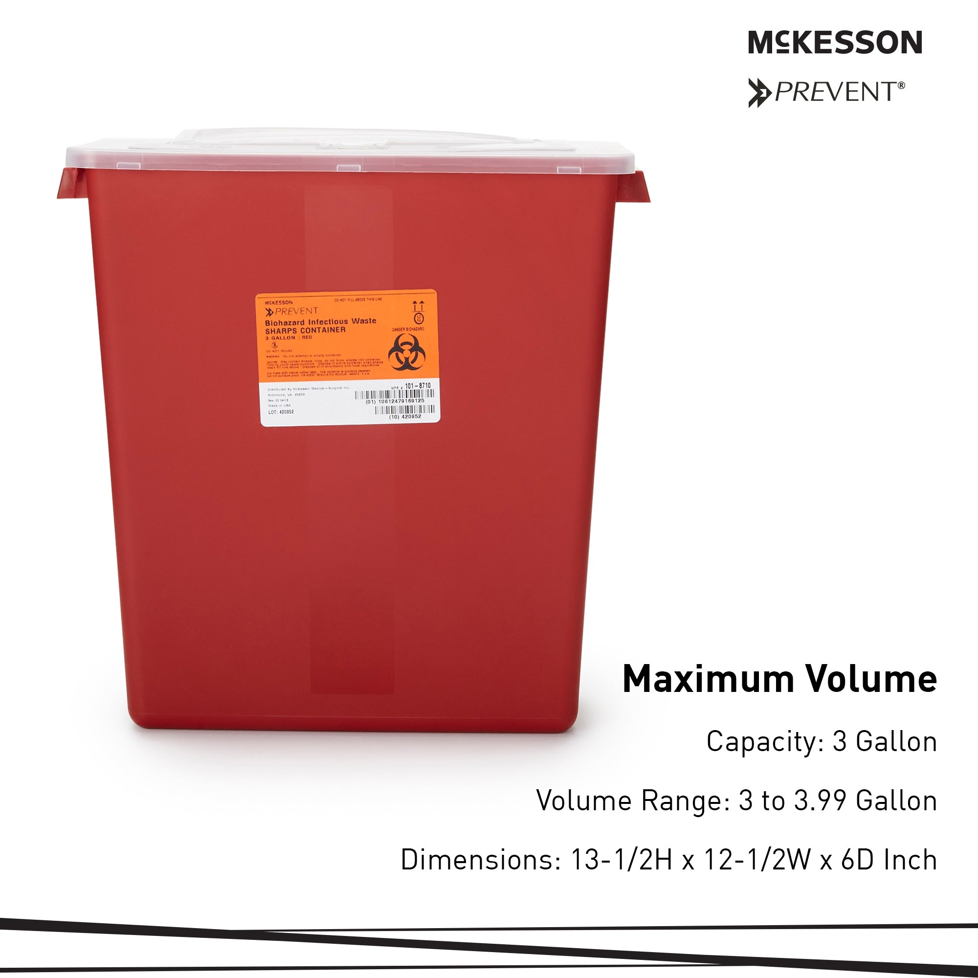 Sharps Container McKesson Red Base 13-1/2 H X 12-1/2 W X 6 D Inch Horizontal Entry 3 Gallon, Packaging Type- Case