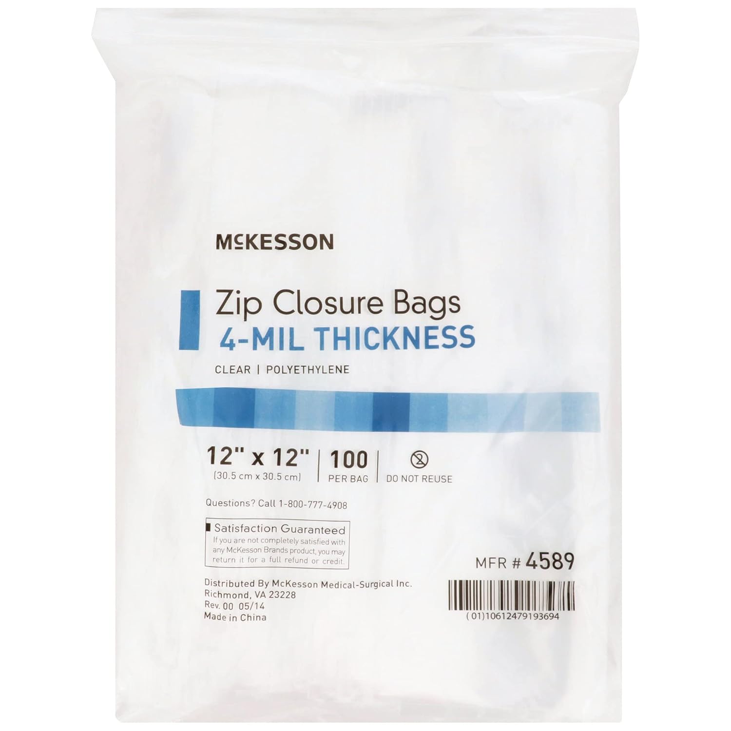 Reclosable Bag McKesson 12 X 12 Inch Polyethylene Clear Zipper Closure, Packaging Type- Case