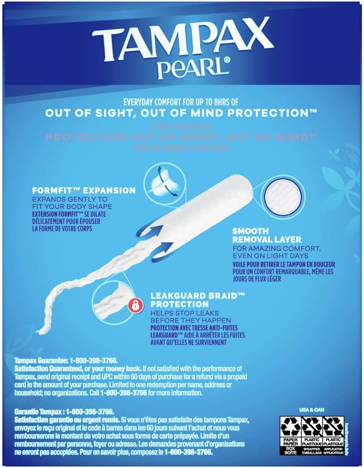 tampon tampax pearl super plus absorbency plastic applicator individually wrapped packaging type box