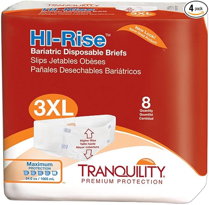 Unisex Adult Incontinence Brief Tranquility HI-Rise Bariatric 3X-Large Disposable Heavy Absorbency, Packaging Type- Case