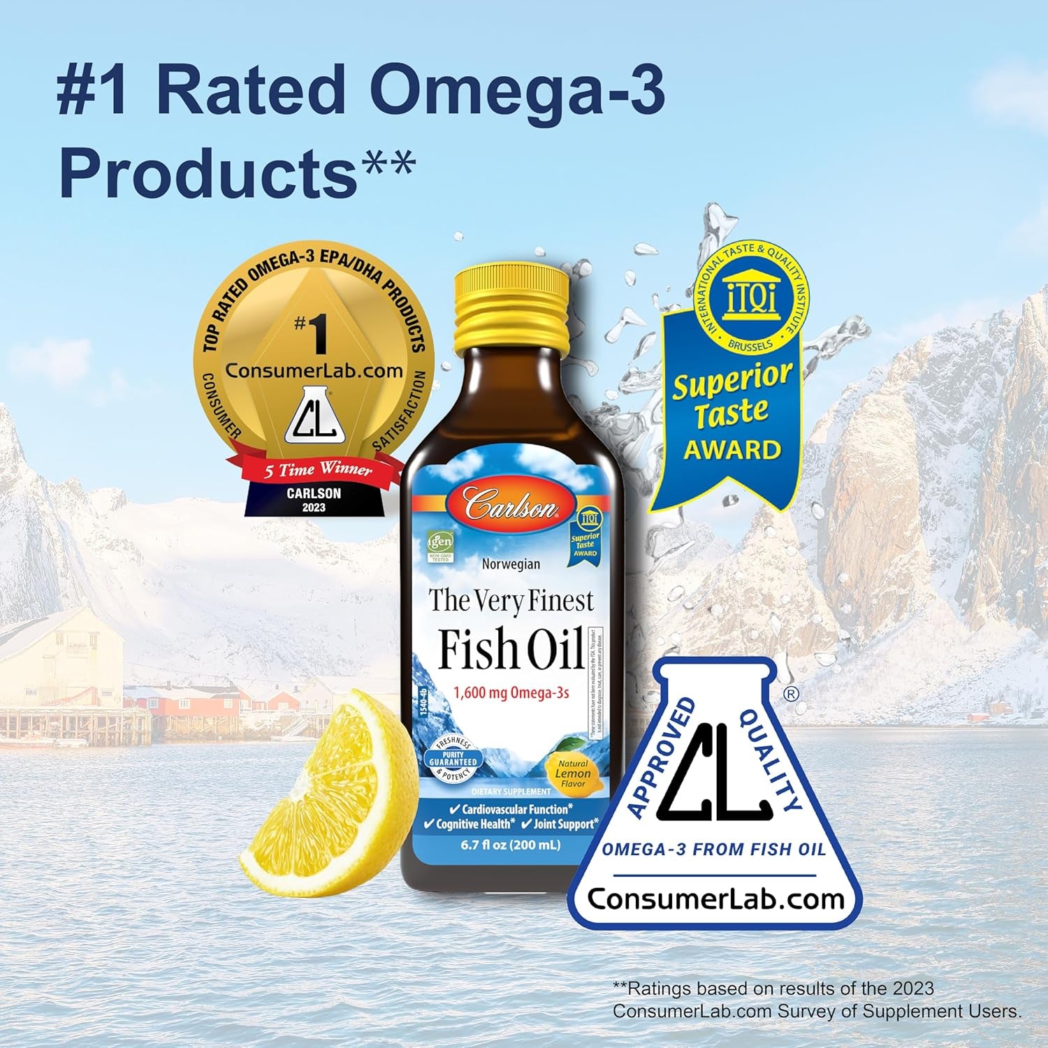 the Very Finest Fish Oil, 1600 Mg Omega 3S, Liquid Fish Oil Supplement, Norwegian Fish Oil, Wild Caught, Sustainably Sourced Fish Oil Liquid, Lemon, 200Ml, 6.7 Fl Oz