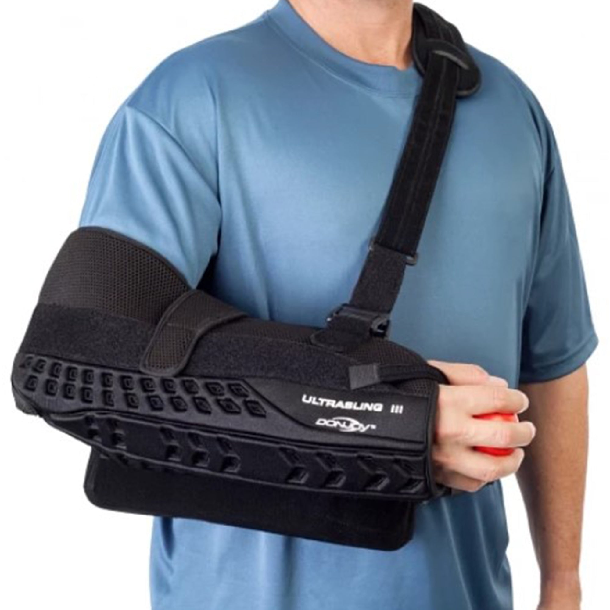 Sling with Abduction Pillow DonJoy UltraSling III Medium Nylon / Mesh Fabric / Polyester / Polyurethane Foam / Terry Cloth Buckle Closure / Hook and Loop Strap Closure Left or Right Arm,Packaging Type- Each