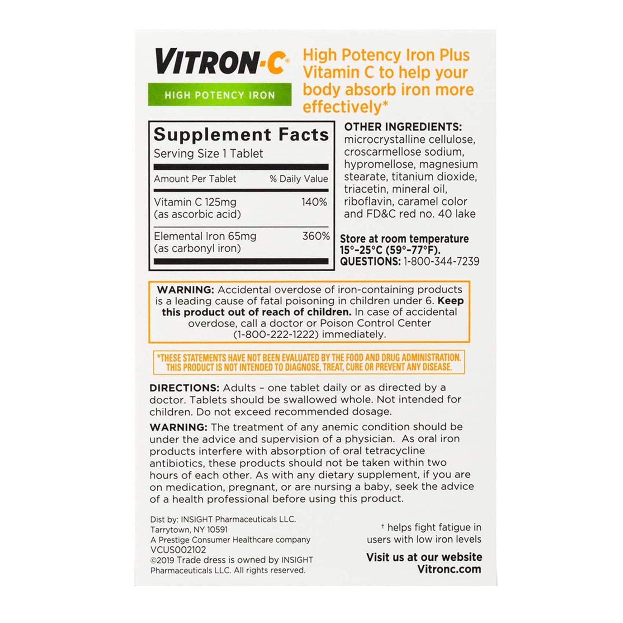 Multivitamin Supplement Vitron-C® Ascorbic Acid / Iron 125 mg - 65 mg Strength Tablet 60 per Bottle
