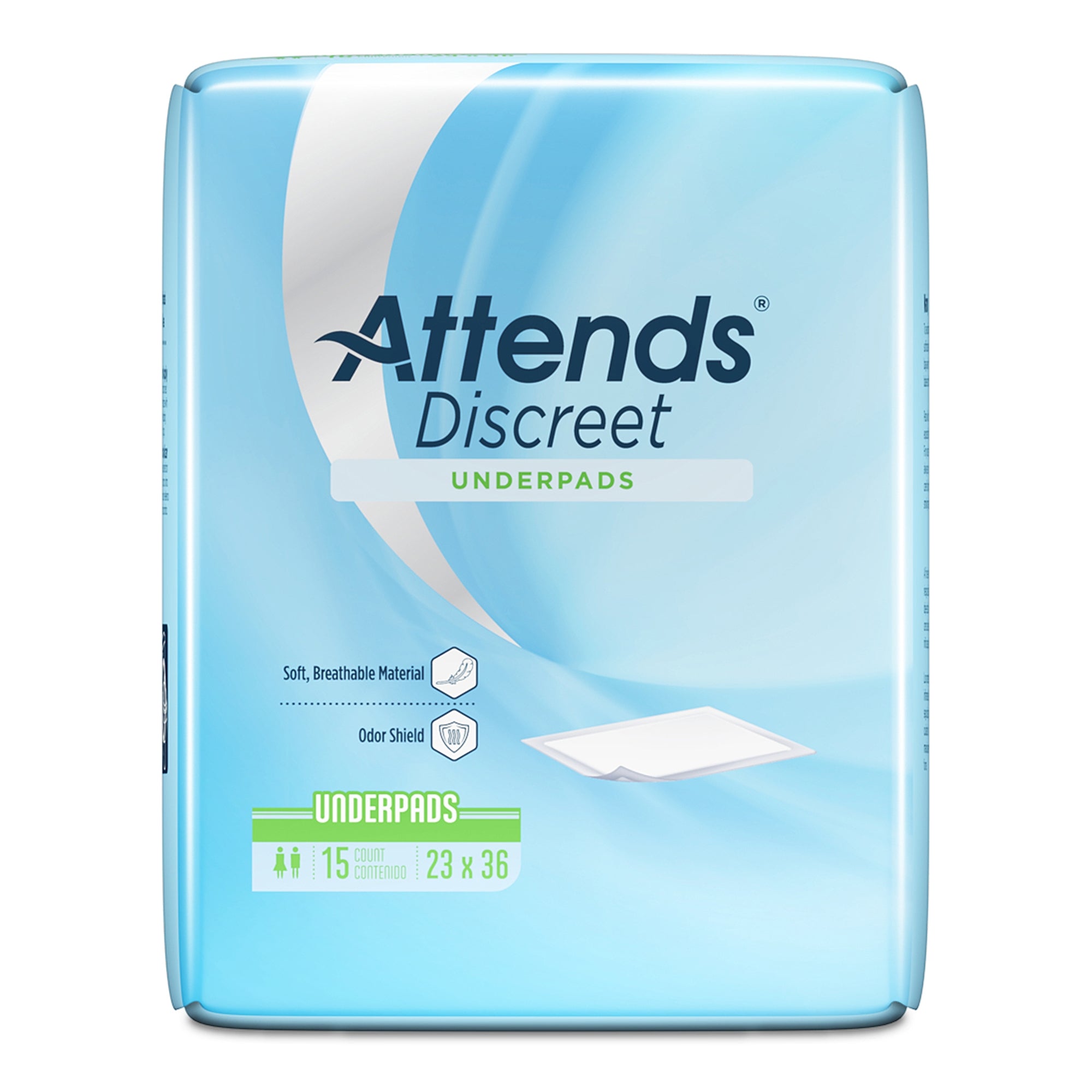 Disposable Underpad Attends Discreet 23 X 36 Inch Polymer Light Absorbency, Packaging Type- Case