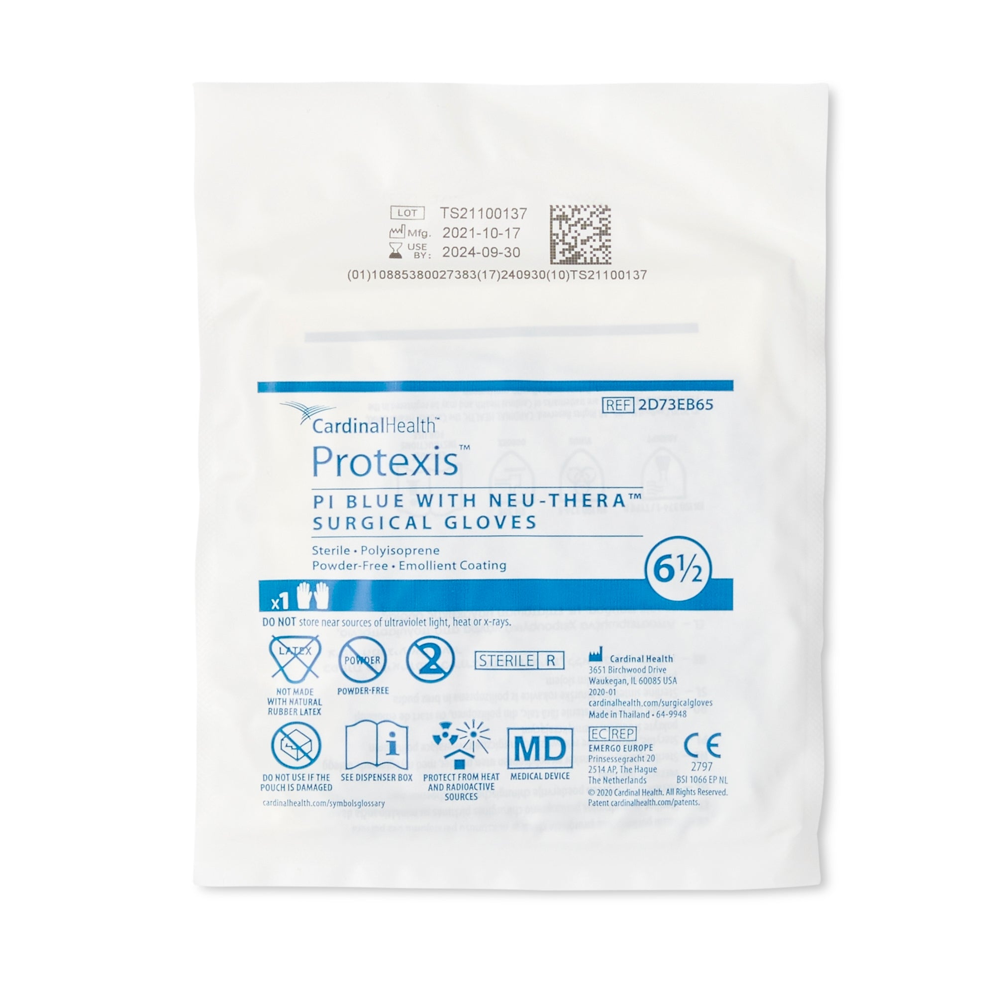 surgical glove esteem blue with neu thera size 6 5 sterile polyisoprene standard cuff length smooth blue not chemo approved packaging type case