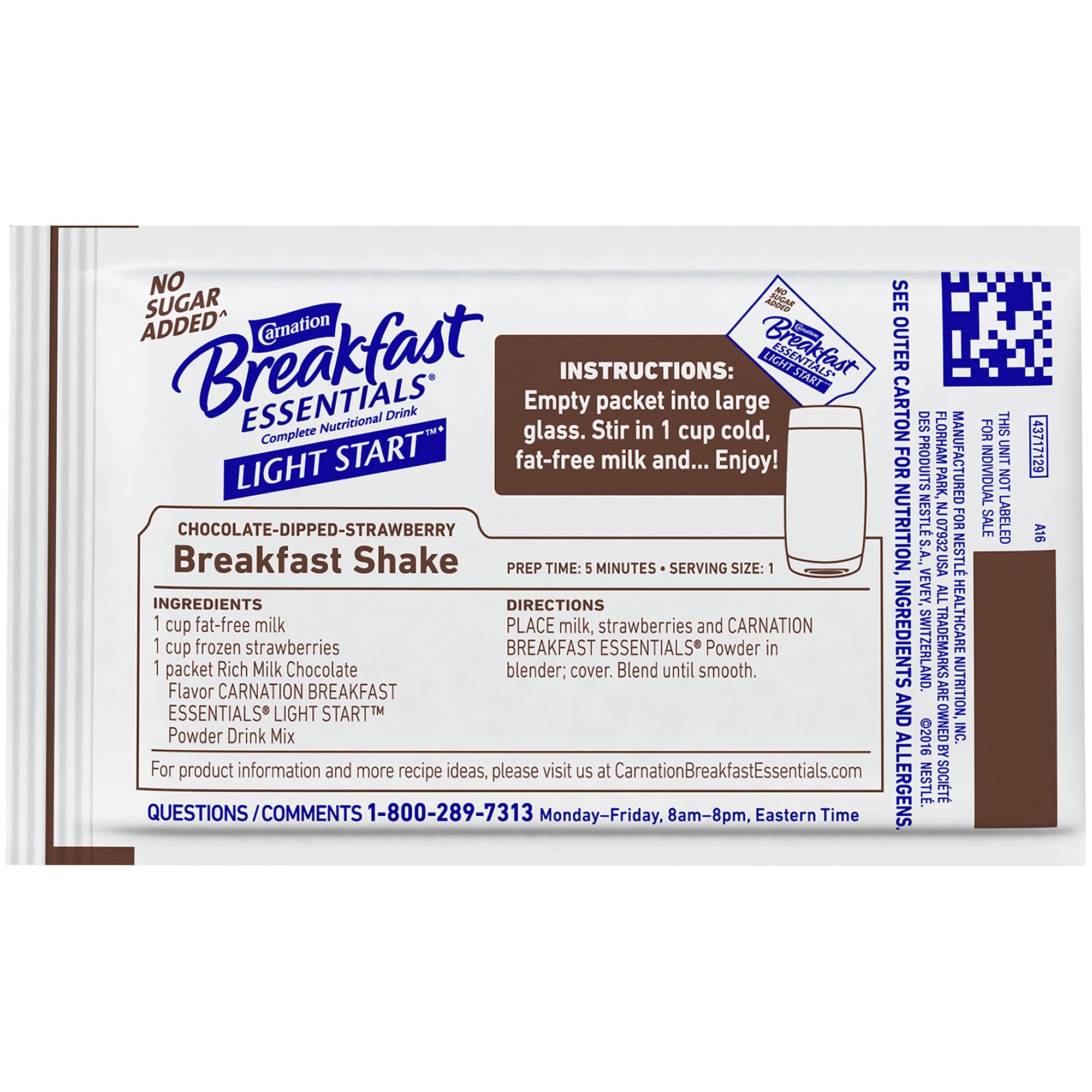 Oral Supplement Carnation Breakfast Essentials Light Start Rich Milk Chocolate Flavor Powder 0.705 oz. Individual Packet