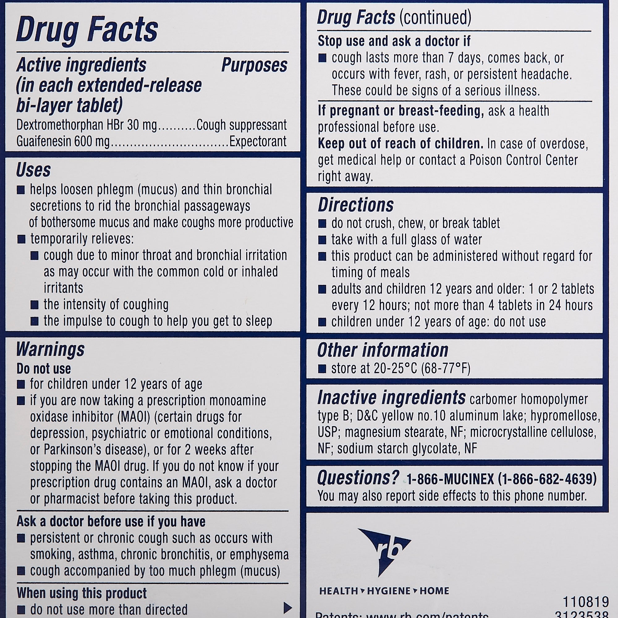 Cold and Cough Relief Mucinex DM 600 mg - 30 mg Strength Tablet 20 per Box, Packaging Type- Box