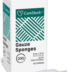 CareStock Gauze Sponges – 2 × 2 in 8-Ply White Cotton Non-Sterile Squares (Case: 25 Packs × 200 = 5,000) | HCPCS A6216