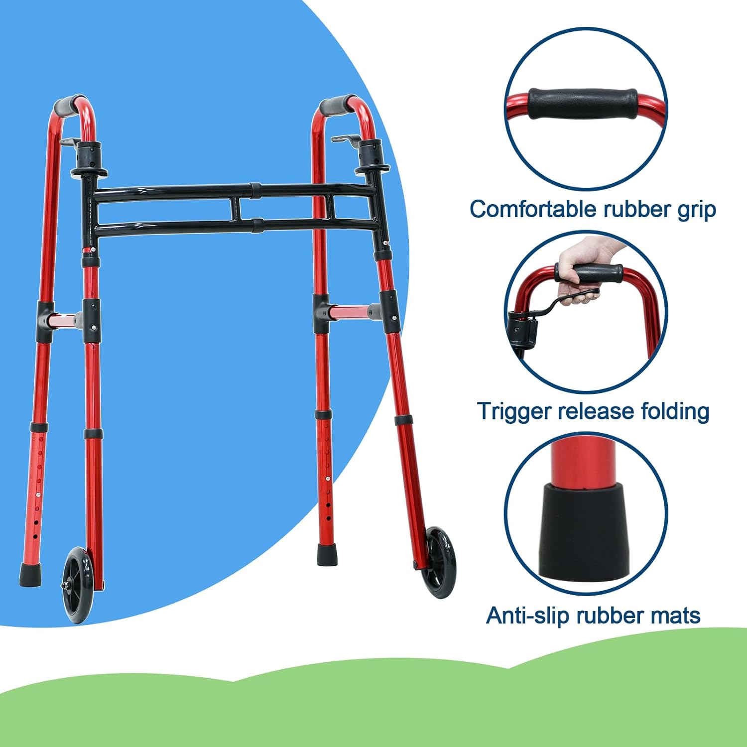 Lumex Aluminum Lightweight Folding Walker Height Adjustment-32Inch - 39Inch, Weight Support-300lbs, Wheel Size-5inch, Width-24.5Inch, 716270R2