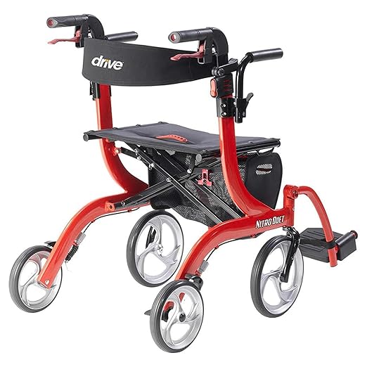 Drive Medical Nitro Dual Function Transport Rollator Rolling Walker Combo with Hand Activated Brakes and Back Support, Red