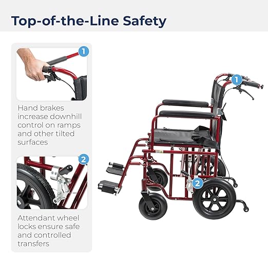 transport chair 22 bariatric red w 12 rear flat free wheels