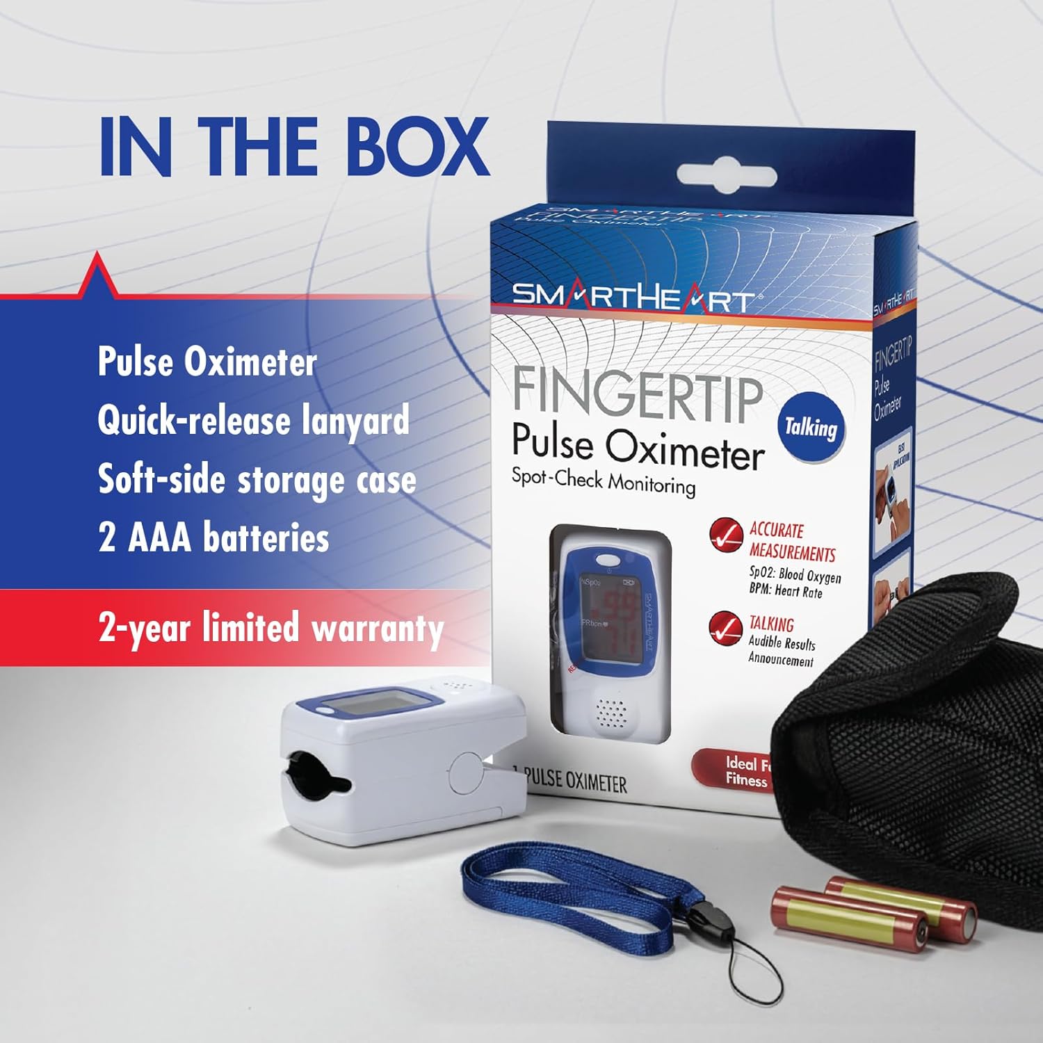 SmartHeart Talking Pulse Oximeter | Audible Result Announcement | Blood Oxygen Saturation | Complete System Monitor Lanyard and Batteries | Portable Spot-Check Monitoring