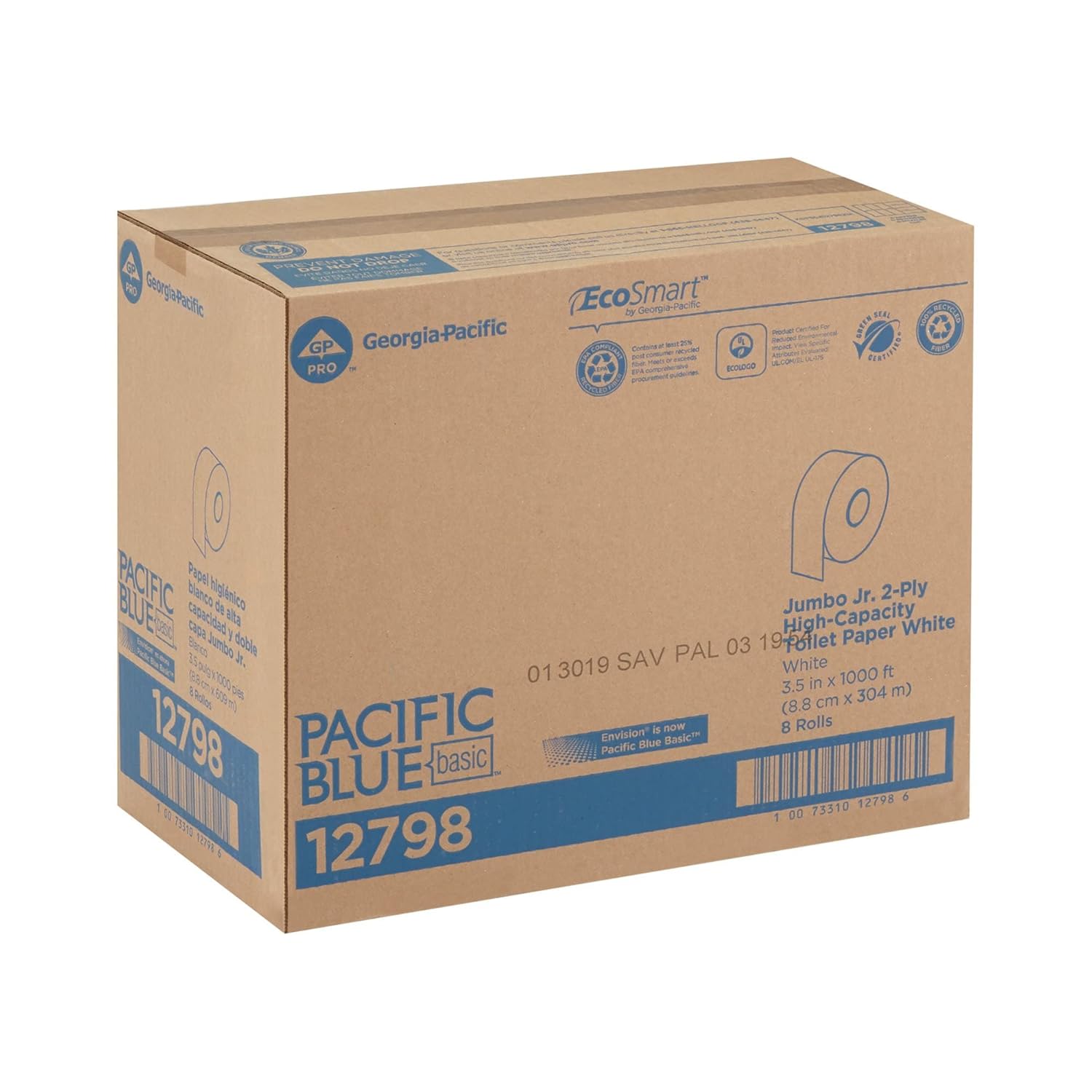 Toilet Tissue Pacific Blue Basic White 2-Ply Jumbo Size Cored Roll Continuous Sheet 3-1/5 Inch X 1000 Foot, Packaging Type- Case