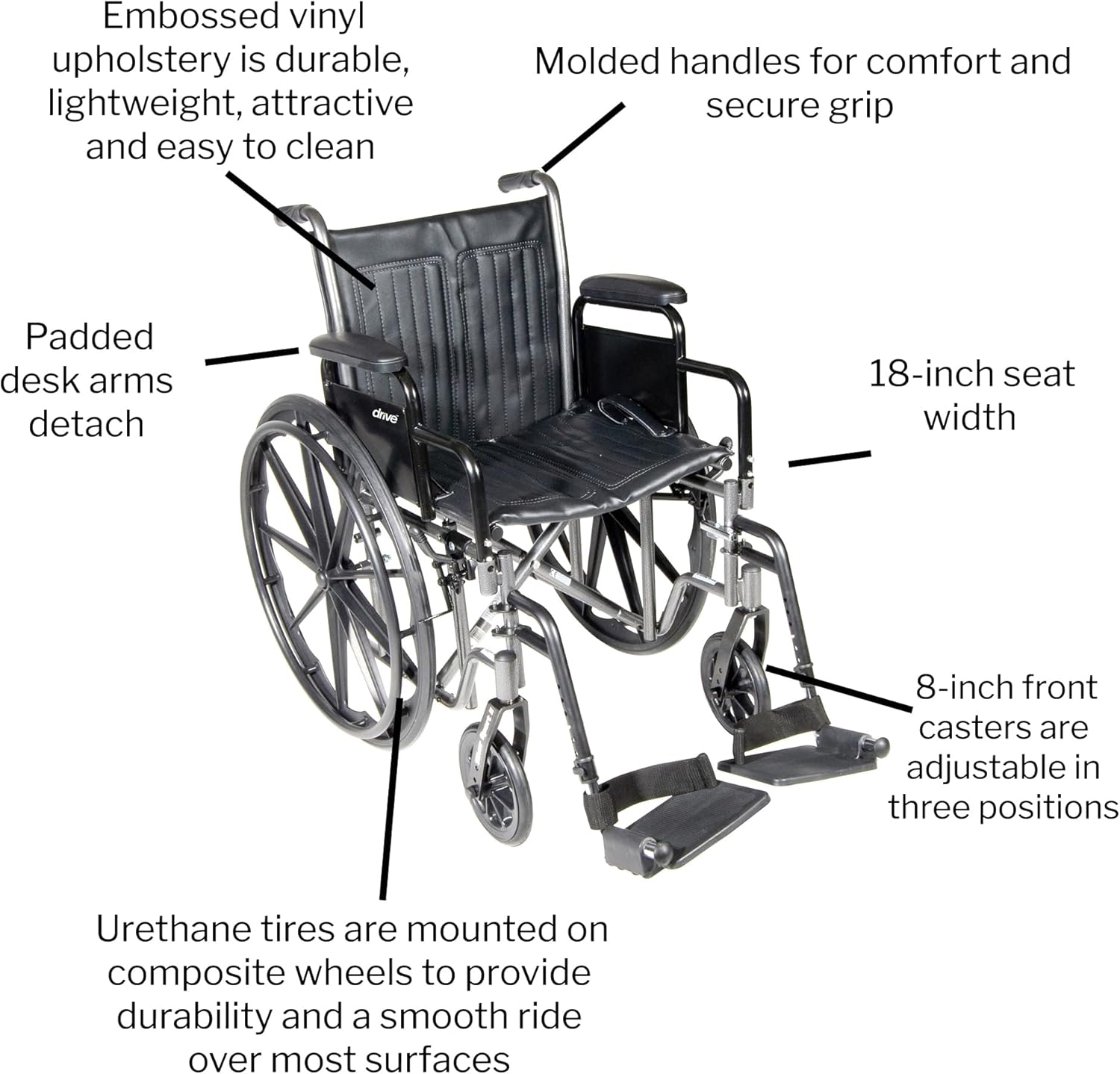 Wheelchair McKesson Dual Axle Desk Length Arm Swing-Away Footrest Black Upholstery 18 Inch Seat Width Adult 300 lbs. Weight Capacity, Packaging Type- Each