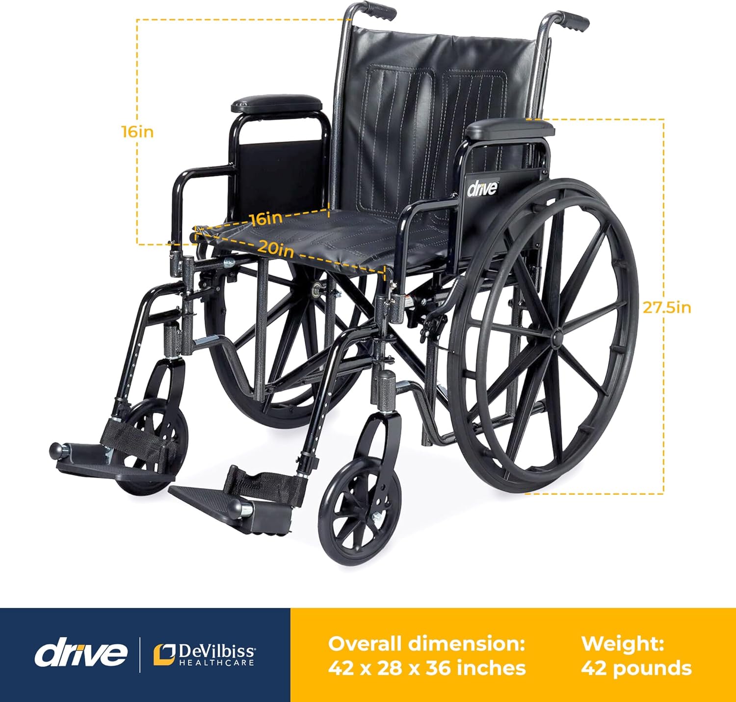 Drive Medical Econ Rem Wheelchair with Detachable Arm and Swing-away Footrests ,8" front Wheels ,Carry Pocket On Backrest 350 lbs Weight Capacity ,10965J