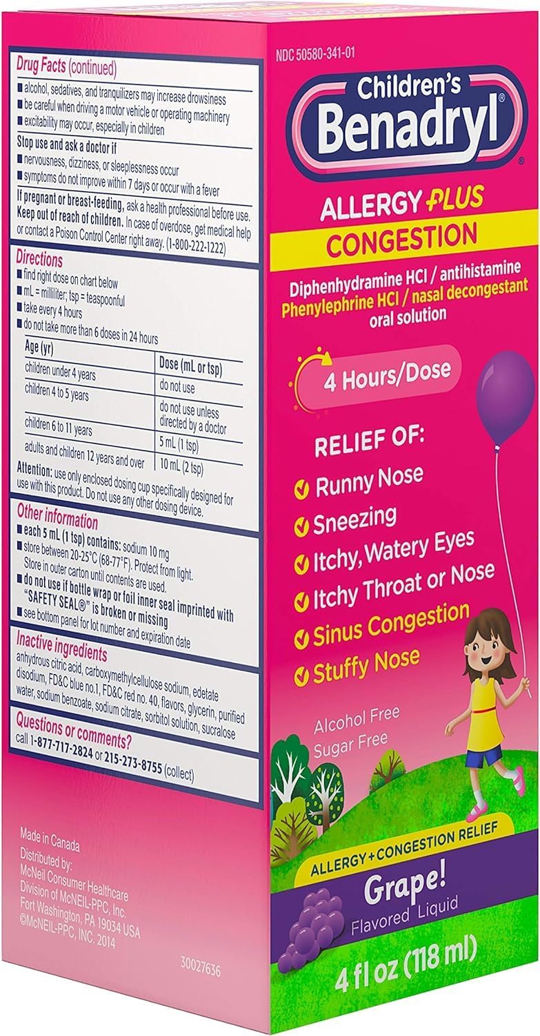 benadryl childrens allergy plus congestion liquid grape flavor 4 ounces children s benadryl allergy plus congestion childrens allergy relief mk1252651ea
