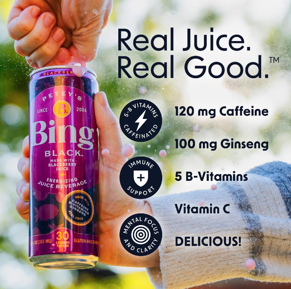 Petey's Bing Black B-vitamins Vitamin C Caffeine & Ginseng Beverage - Case Of 12 - 12 Fz