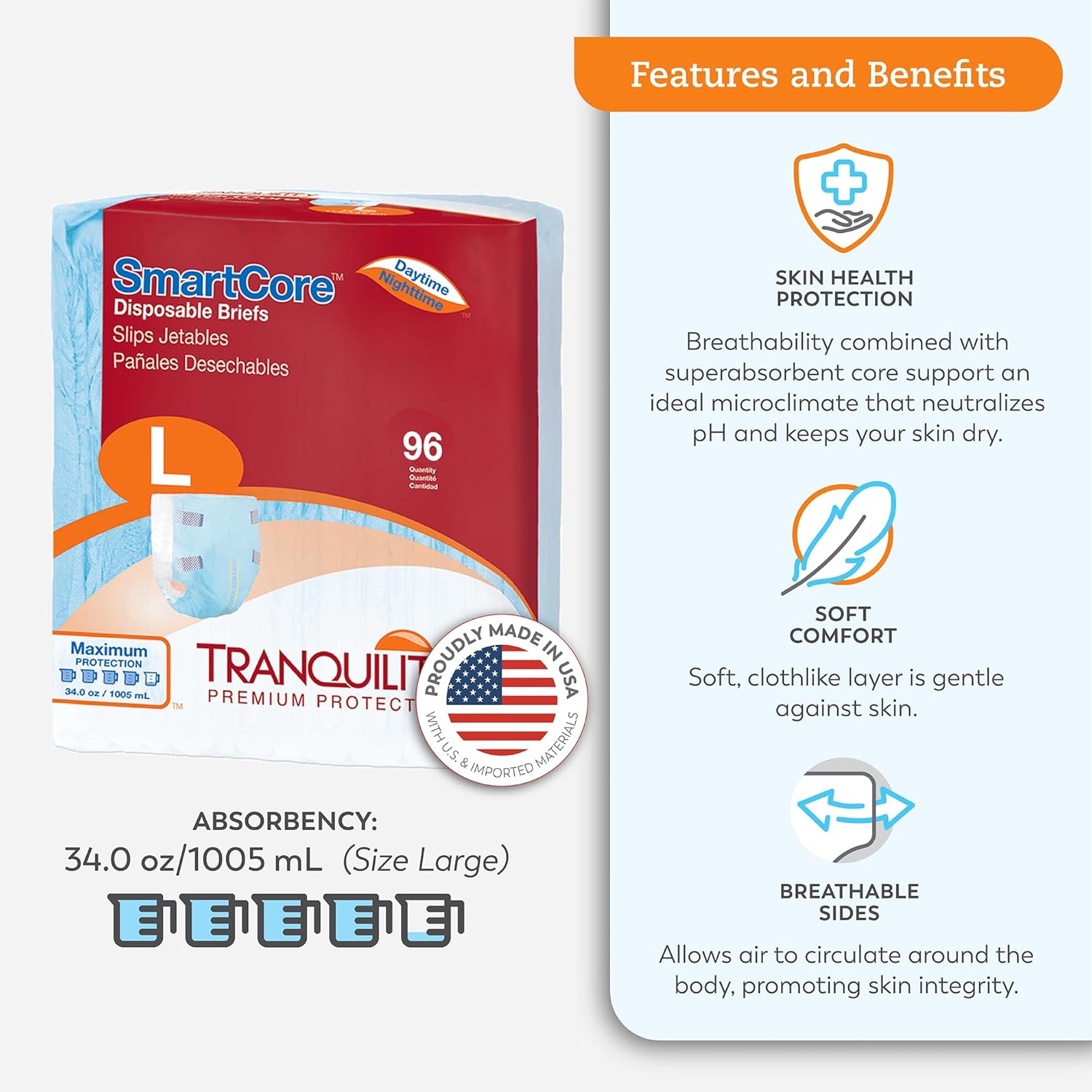Unisex Adult Incontinence Brief Tranquility SmartCore Large Disposable Heavy Absorbency, Packaging Type- Case