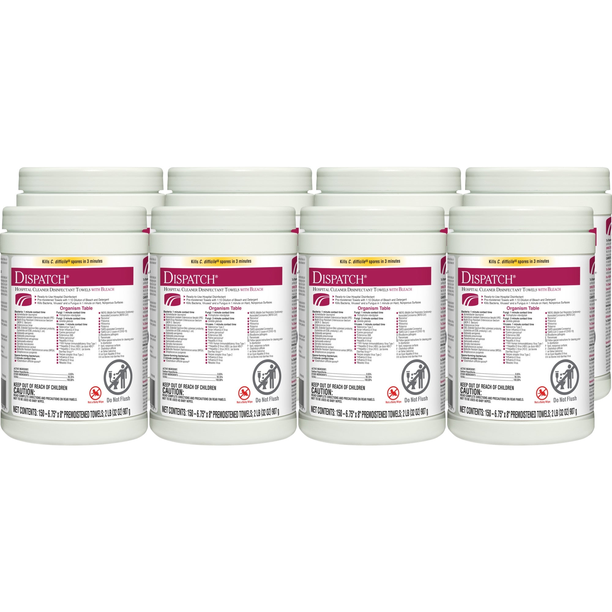 Dispatch with Bleach Surface Disinfectant Cleaner Premoistened Manual Pull Wipe 150 Count Canister Fruity Floral Bleach Scent NonSterile | 8PK/Case