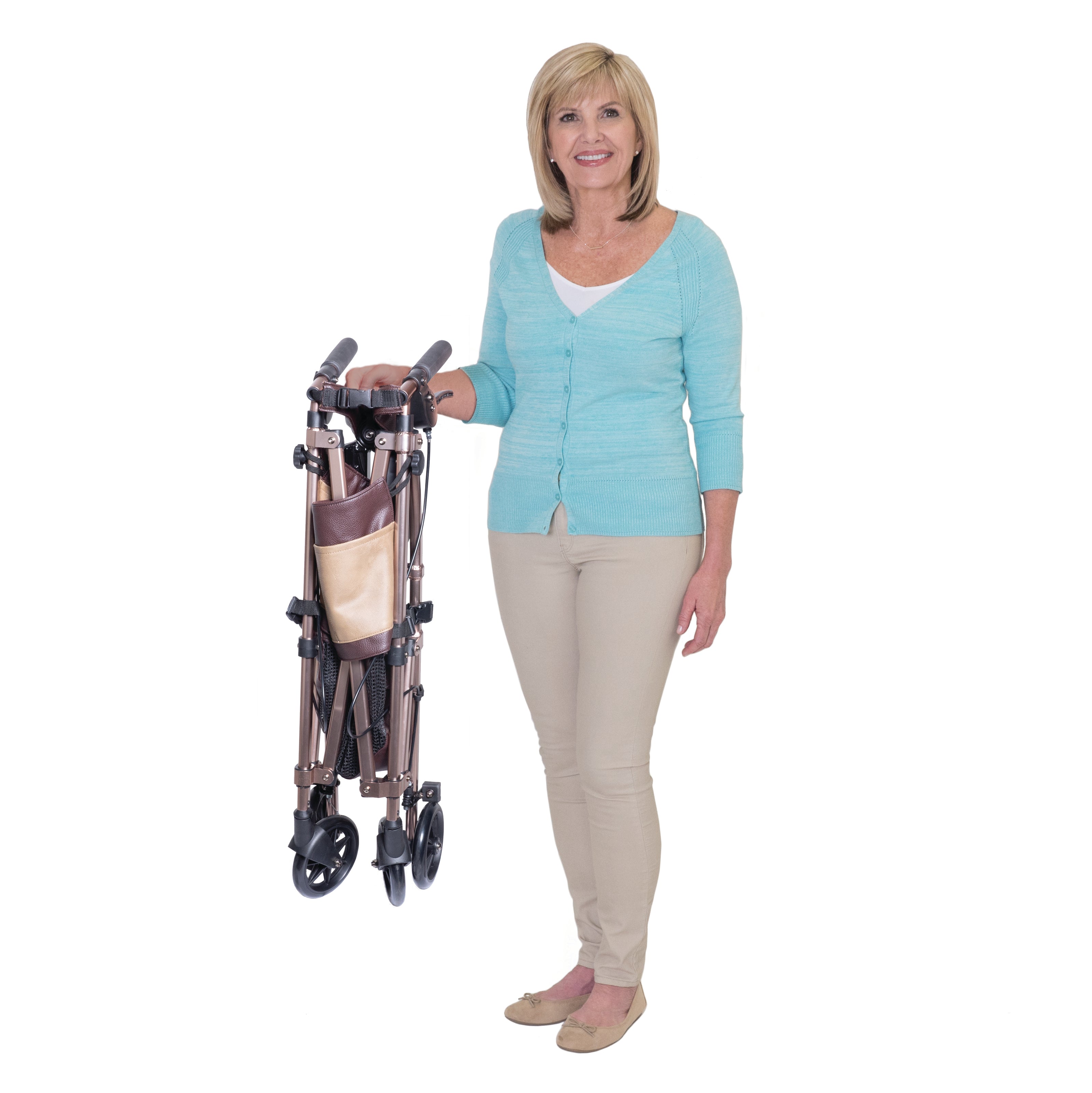 Elite Travel Rollator - Lightweight, foldable design for easy transport. Features ergonomic hand grips and adjustable height for comfort. Perfect for mobility on the go!