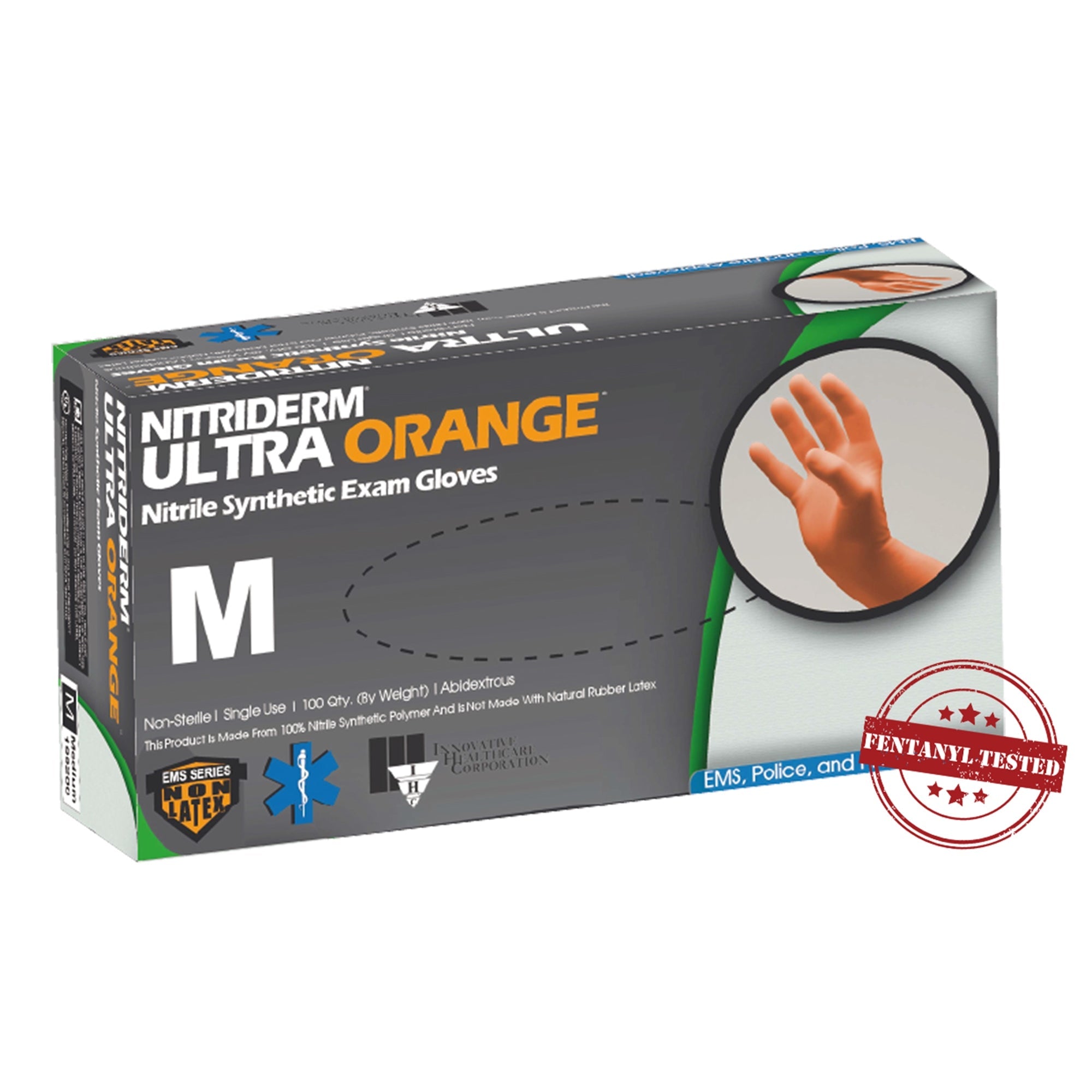 Exam Glove NitriDerm Ultra Orange Medium NonSterile Nitrile Standard Cuff Length Fully Textured Orange Fentanyl Tested