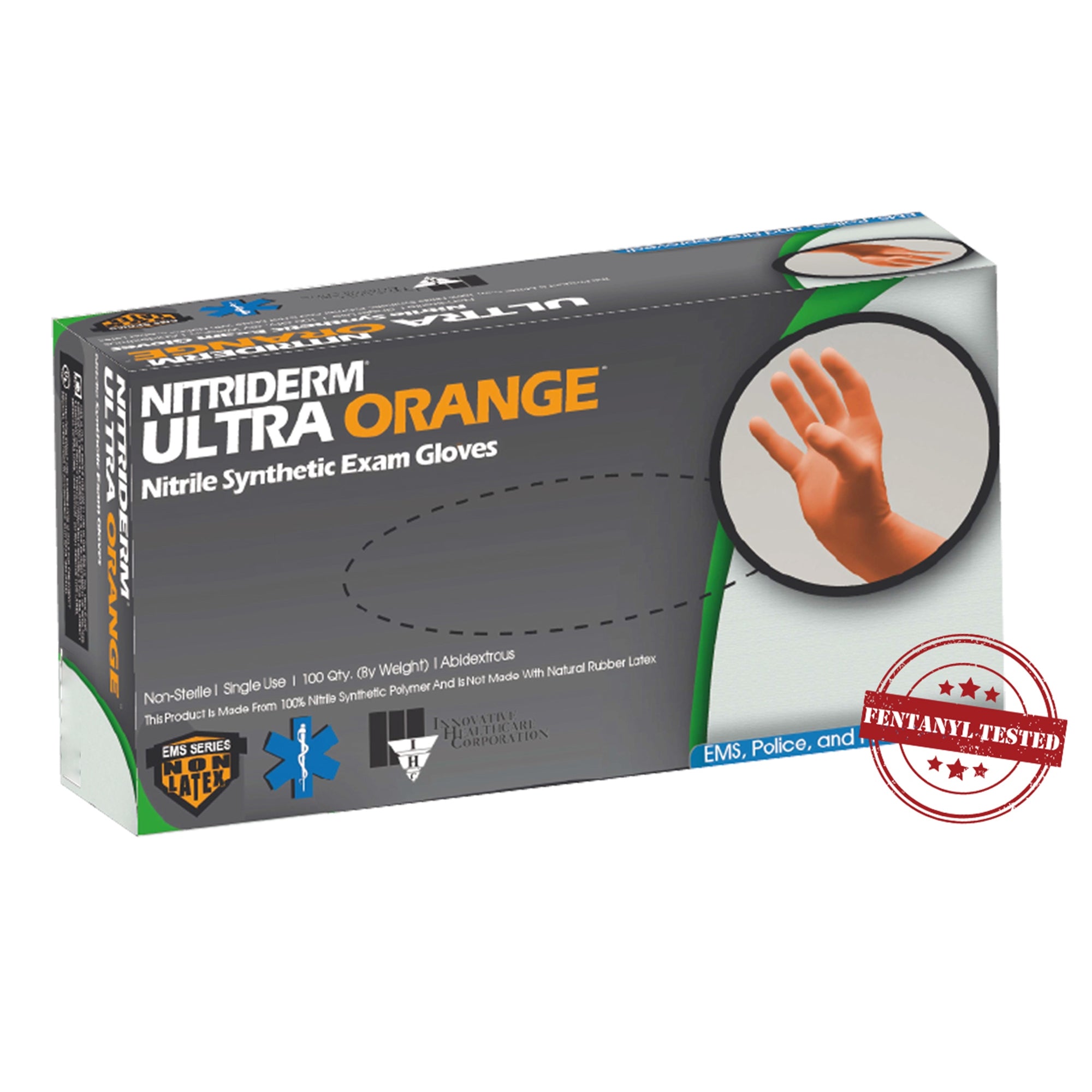 exam glove nitriderm ultra orange large nonsterile nitrile standard cuff length fully textured orange fentanyl tested packaging type box