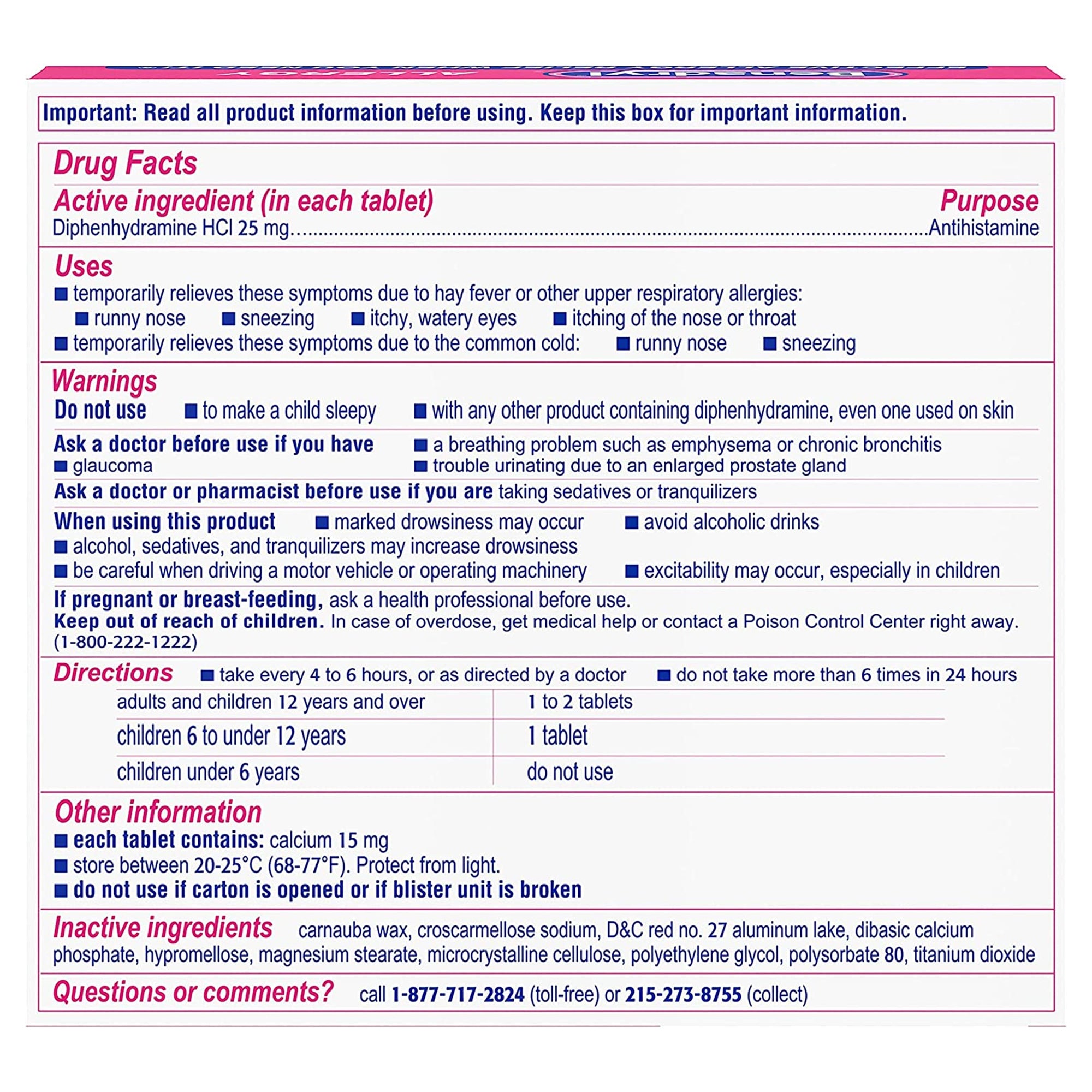 Allergy Relief Benadryl 25 mg Strength Tablet 24 per Box, Packaging Type- Case