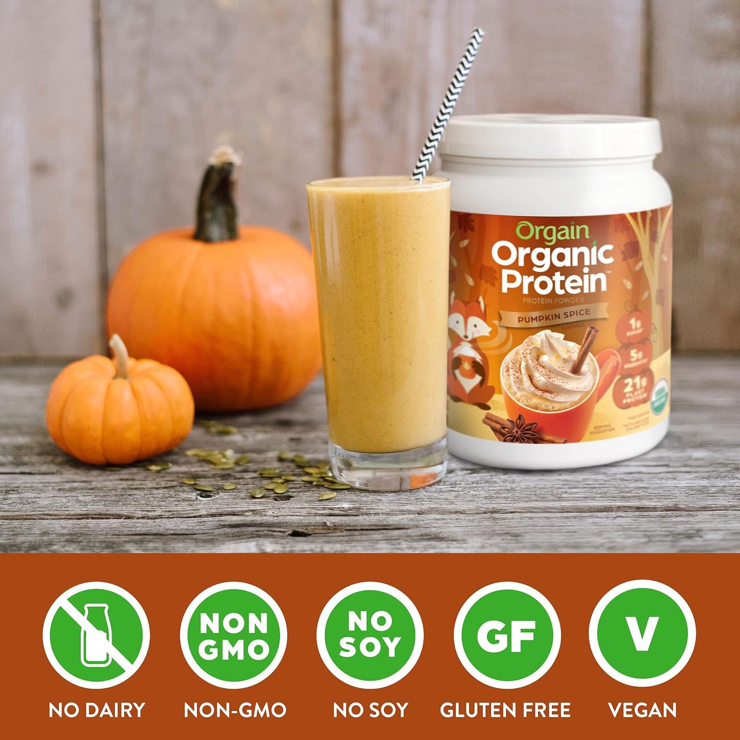 Organic Vegan Protein Powder, Pumpkin Spice Seasonal Flavor   21G of Plant Protein, 5G Prebiotic Fiber, No Lactose Ingredients, No Added Sugar, Non Gmo, for Shakes & Smoothies, 1.02 Lb