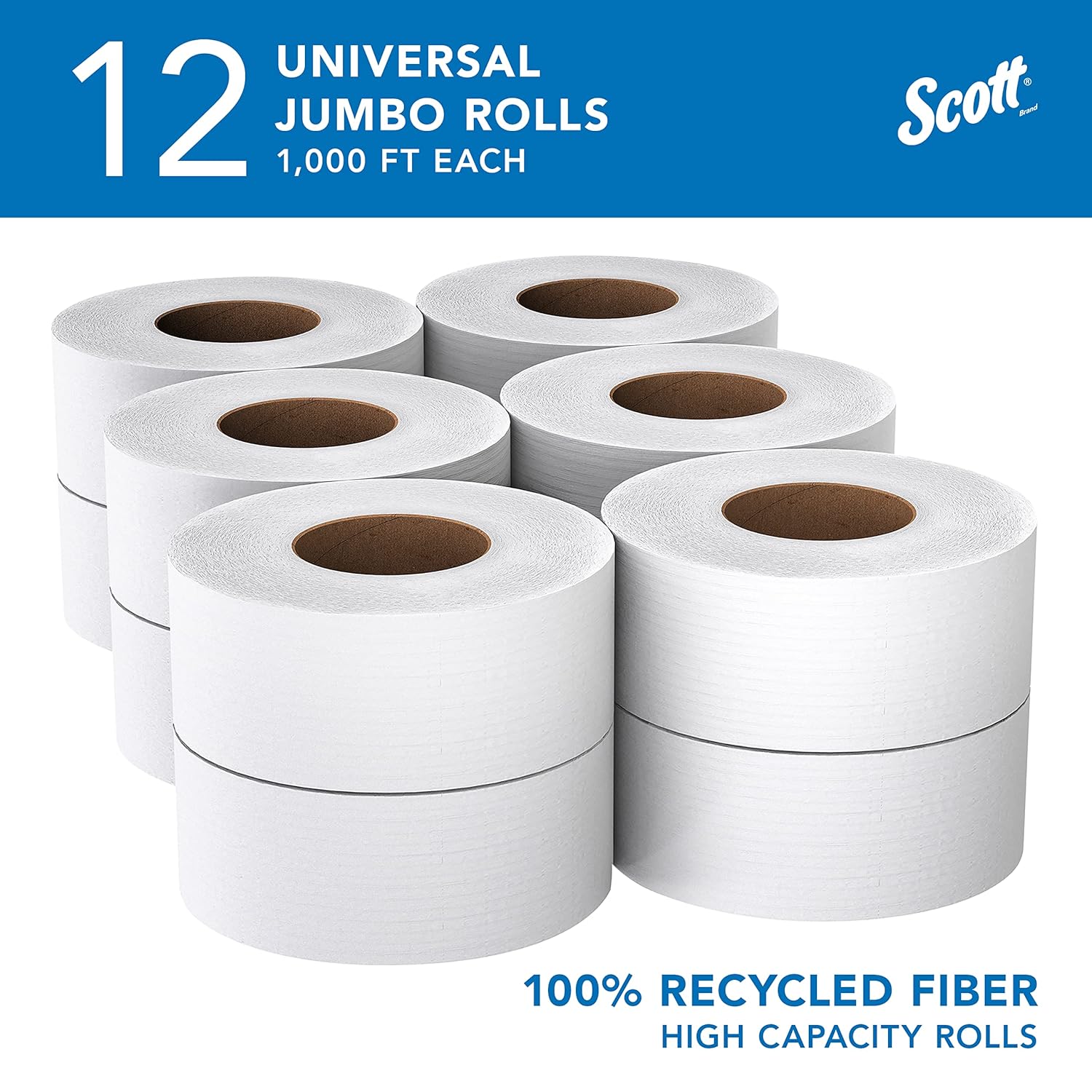 Toilet Tissue Scott Essential 100% Recycled Fiber JRT White 2-Ply Jumbo Size Cored Roll Continuous Sheet 3-11/20 Inch X 1000 Foot, Packaging Type- Case
