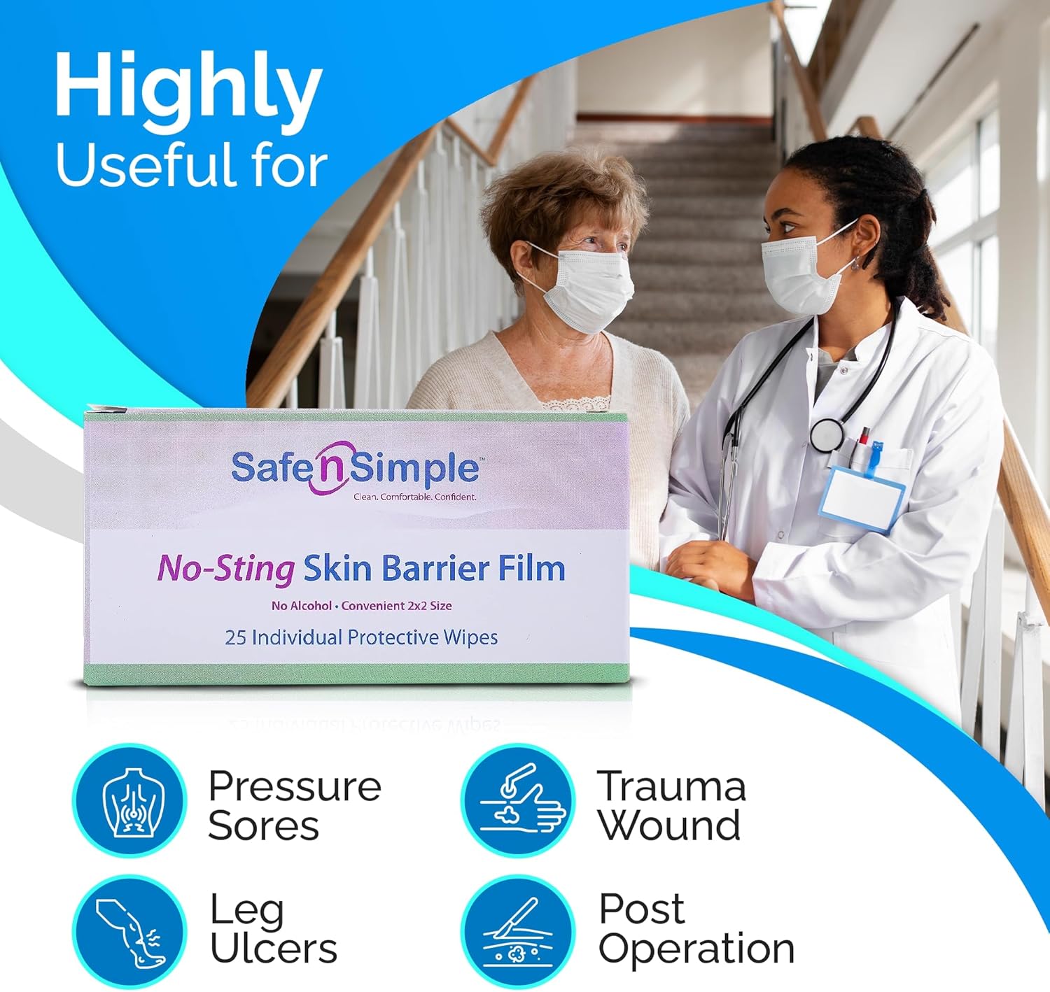 skin barrier wipe safe n simple no sting 60 20 strength purified water polyvinylpyrrolidone glycerin propylene glycol individual packet sterile packaging type case