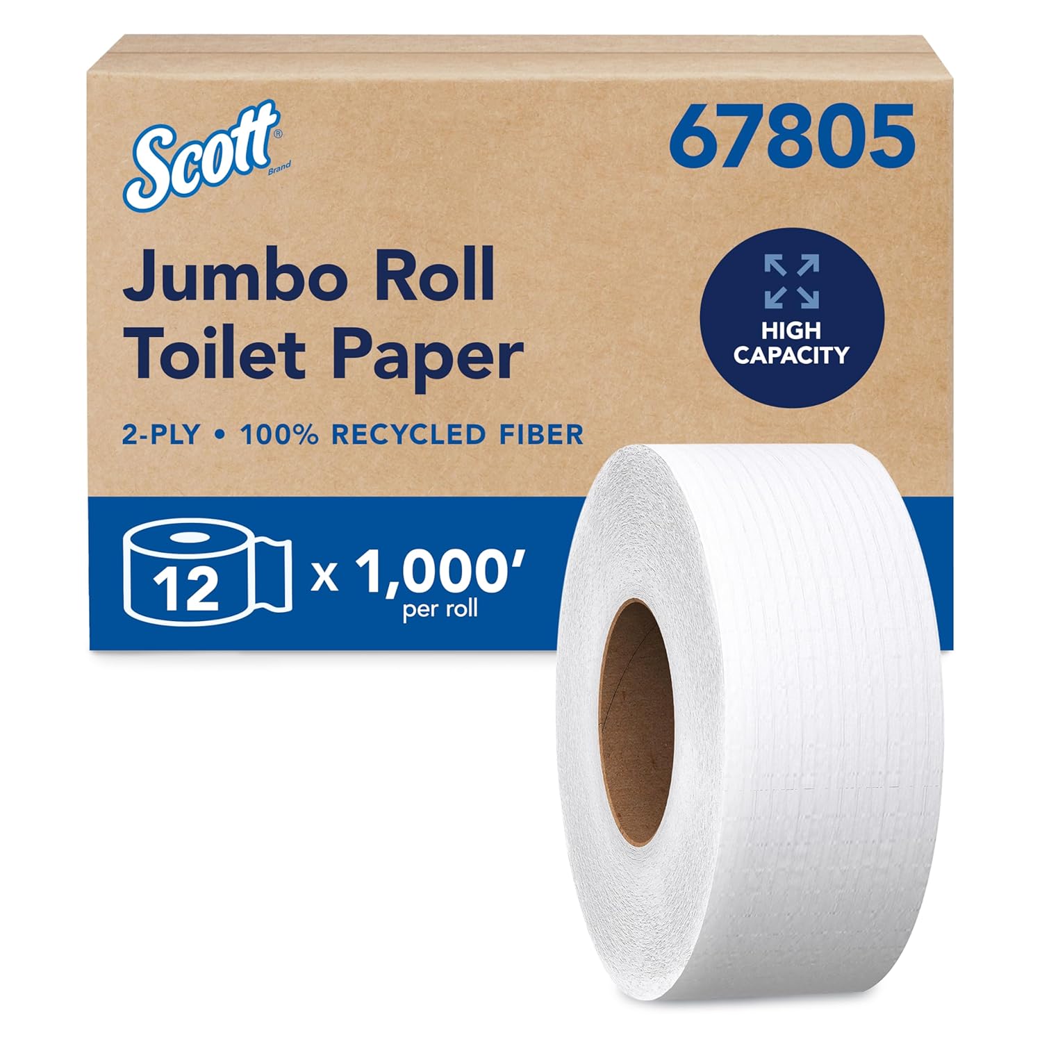 Toilet Tissue Scott Essential 100% Recycled Fiber JRT White 2-Ply Jumbo Size Cored Roll Continuous Sheet 3-11/20 Inch X 1000 Foot, Packaging Type- Case