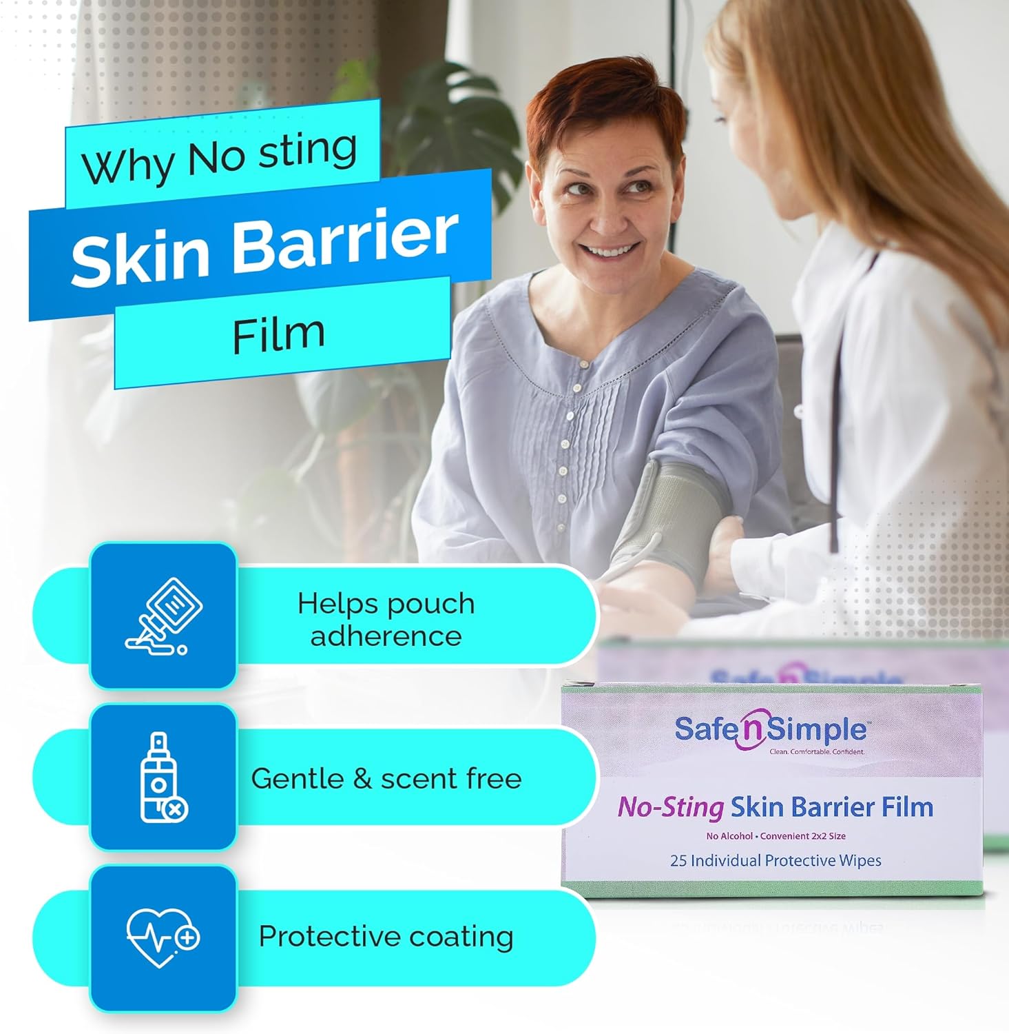 skin barrier wipe safe n simple no sting 60 20 strength purified water polyvinylpyrrolidone glycerin propylene glycol individual packet sterile packaging type case