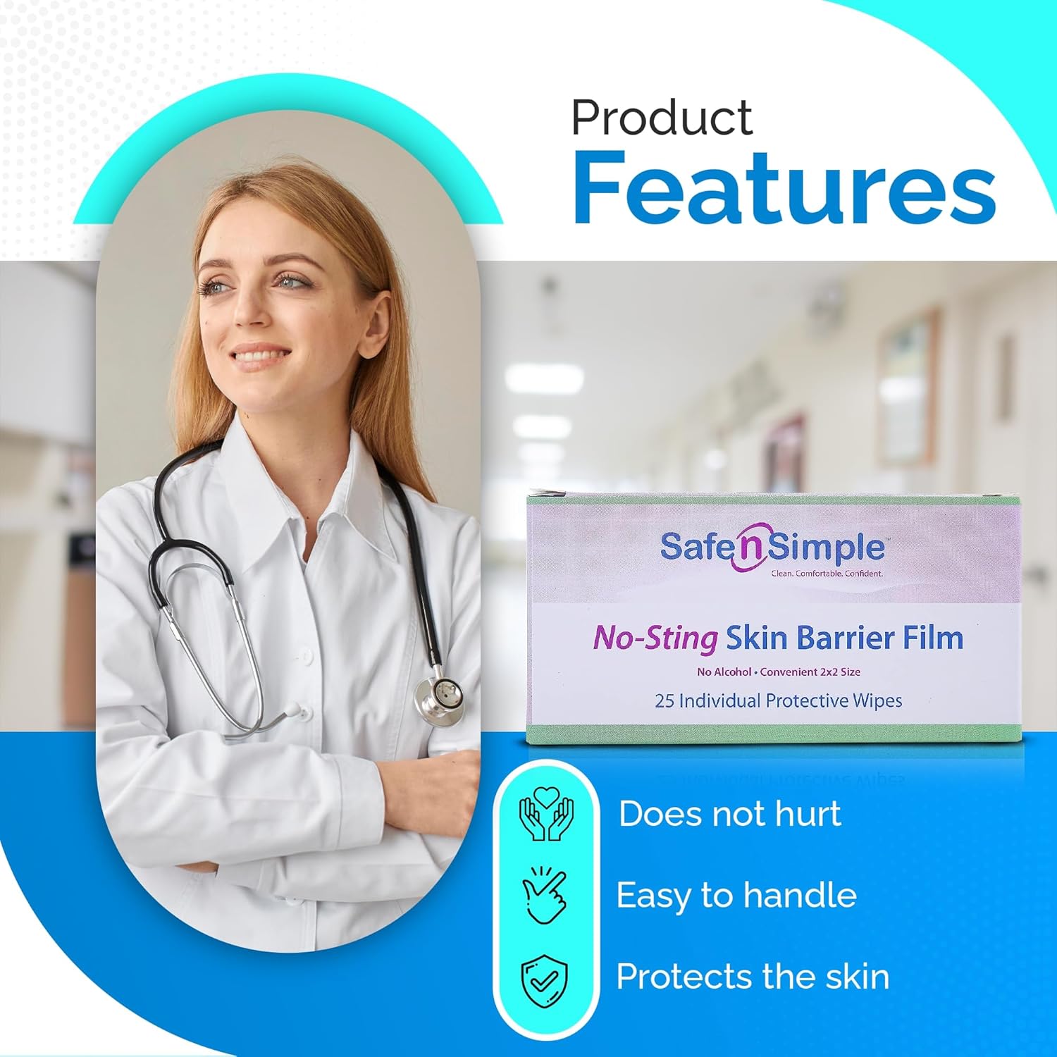 skin barrier wipe safe n simple no sting 60 20 strength purified water polyvinylpyrrolidone glycerin propylene glycol individual packet sterile packaging type case