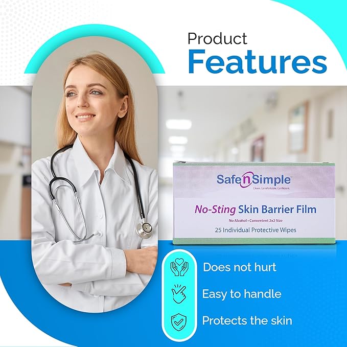 skin barrier wipe safe n simple no sting 60 20 strength purified water polyvinylpyrrolidone glycerin propylene glycol individual packet large nonsterile packaging type case