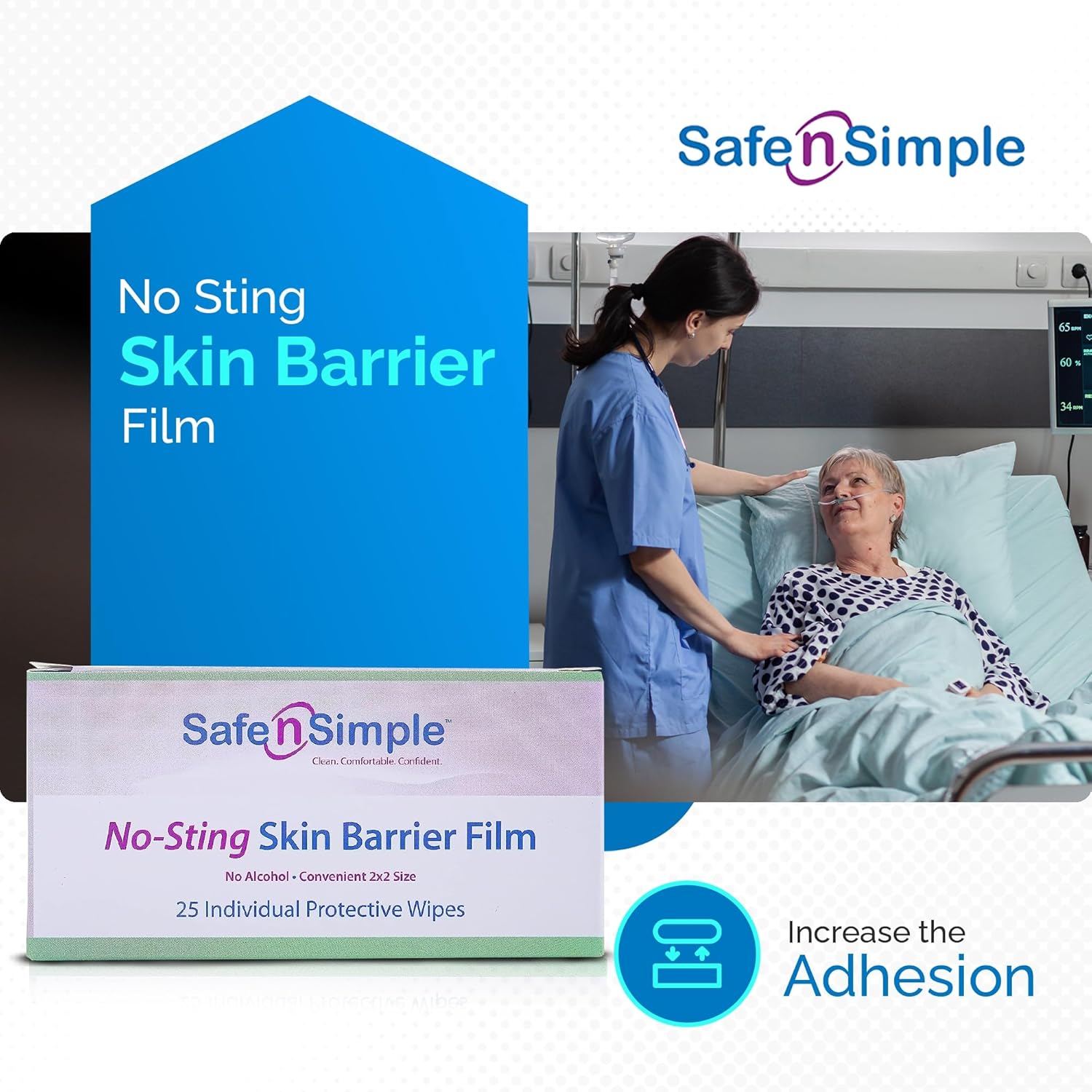 skin barrier wipe safe n simple no sting 60 20 strength purified water polyvinylpyrrolidone glycerin propylene glycol individual packet sterile packaging type case