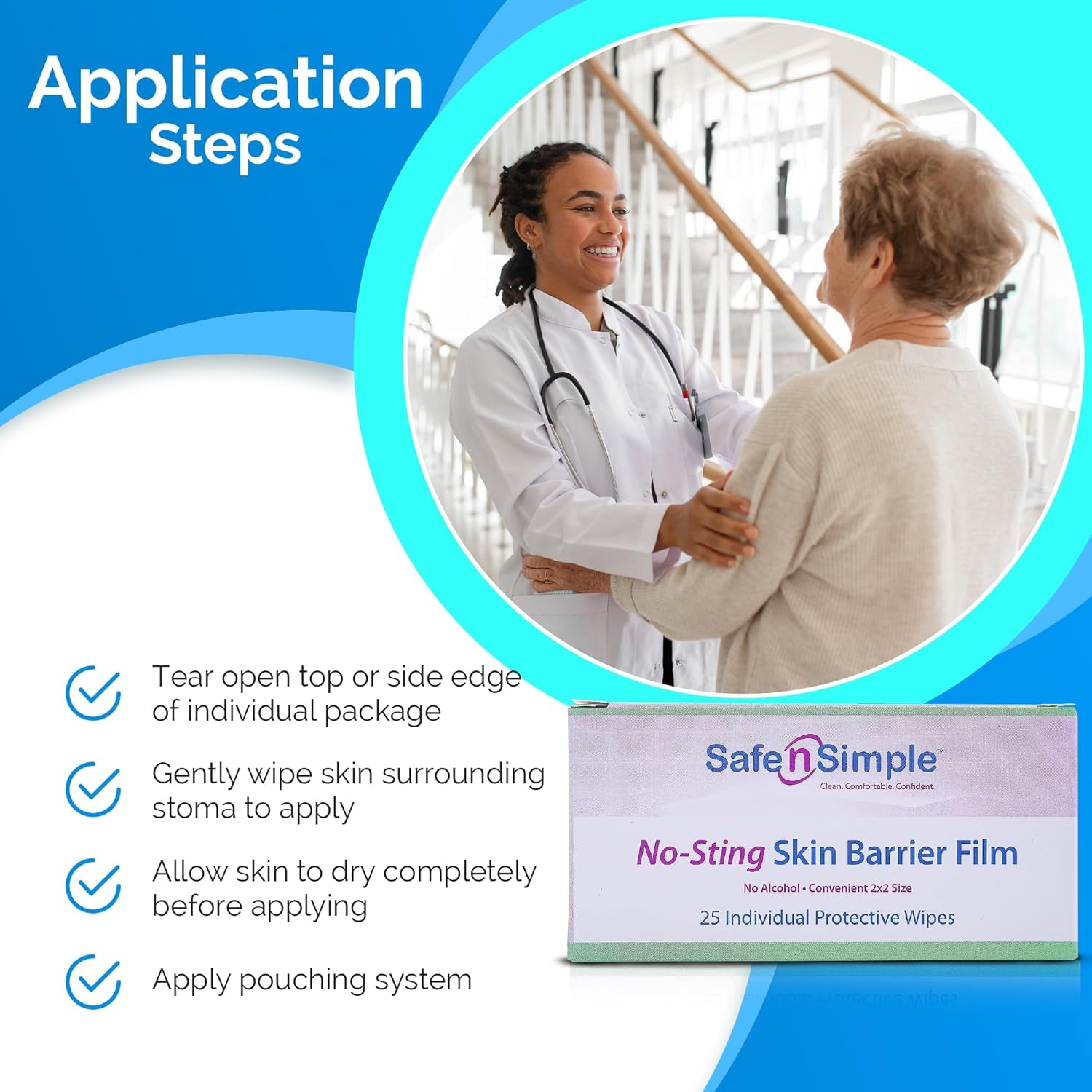 skin barrier wipe safe n simple no sting 60 20 strength purified water polyvinylpyrrolidone glycerin propylene glycol individual packet large nonsterile packaging type case