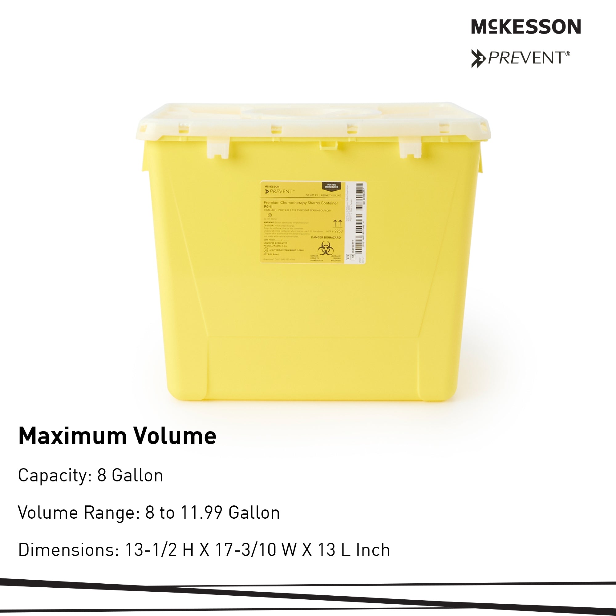 Chemotherapy Waste Container McKesson Prevent Yellow Base 13-1/2 H X 17-3/10 W X 13 L Inch Vertical Entry 8 Gallon, Packaging Type- Each