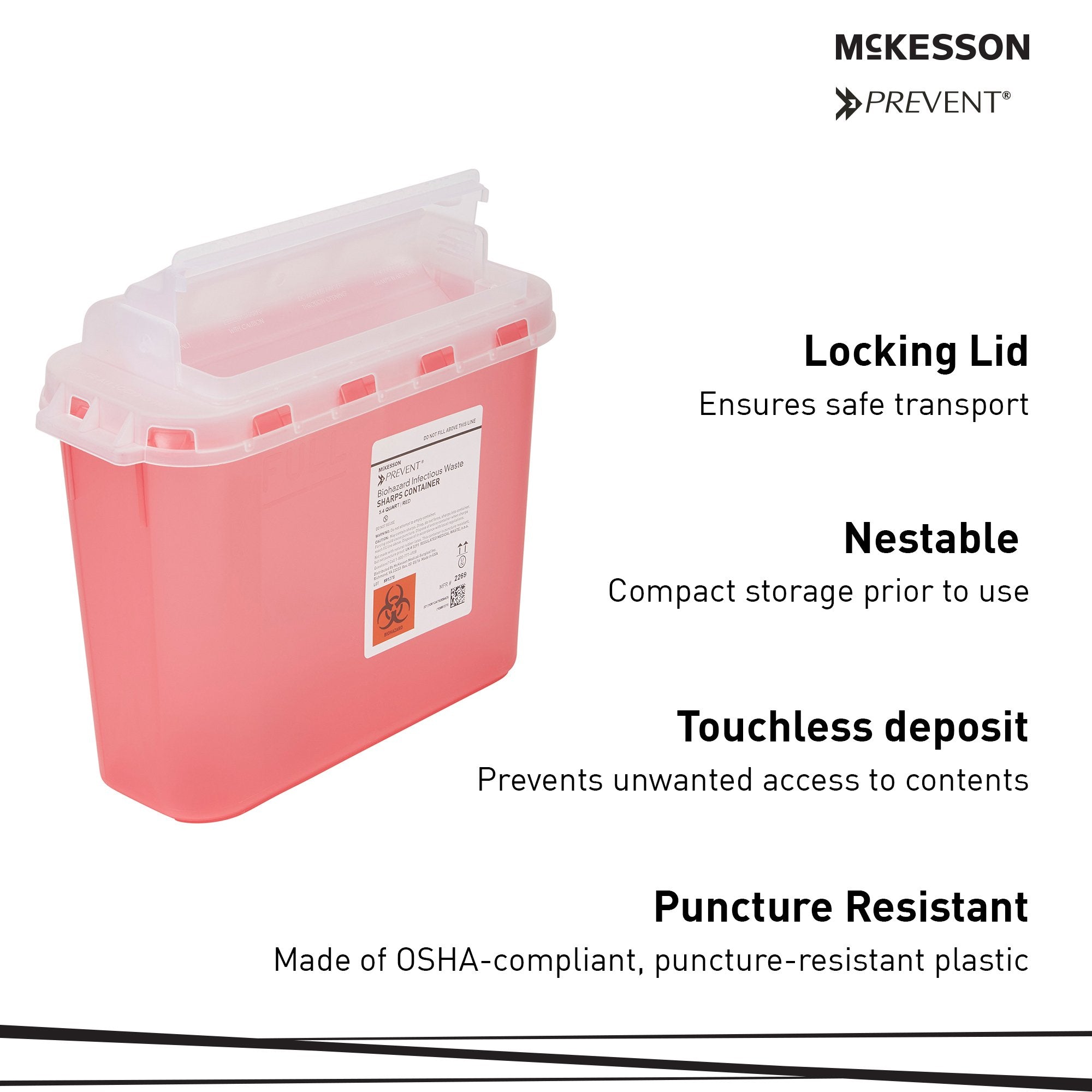 Sharps Container McKesson Prevent Red Base 11 H X 12 W X 4-3/4 D Inch Horizontal Entry 1.35 Gallon, Packaging Type- Case