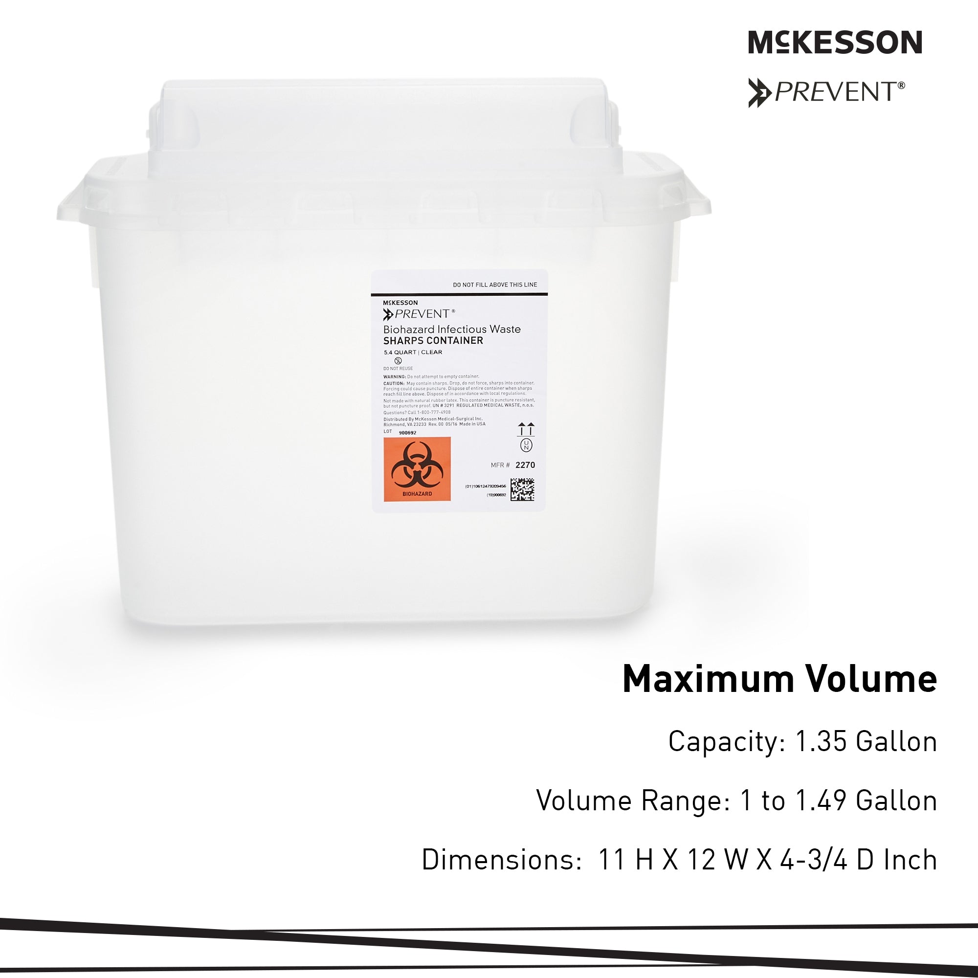 Sharps Container McKesson Prevent Translucent Base 11 H X 12 W X 4-3/4 D Inch Horizontal Entry 1.35 Gallon, Packaging Type- Case