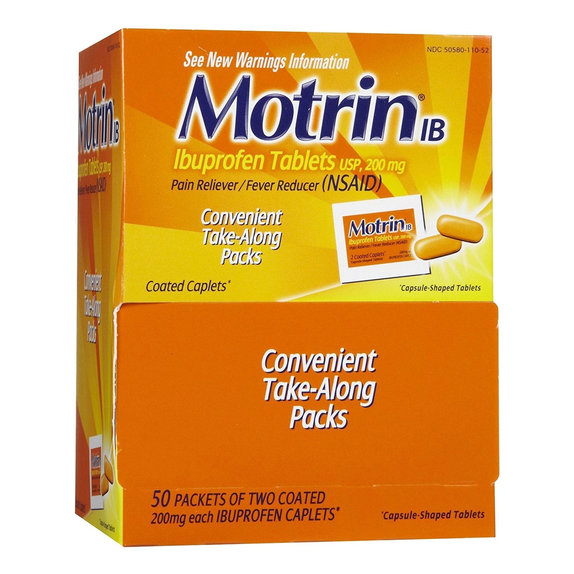 Pain Relief Motrin IB 200 mg Strength Ibuprofen Caplet 50 per Box, Packaging Type- Case