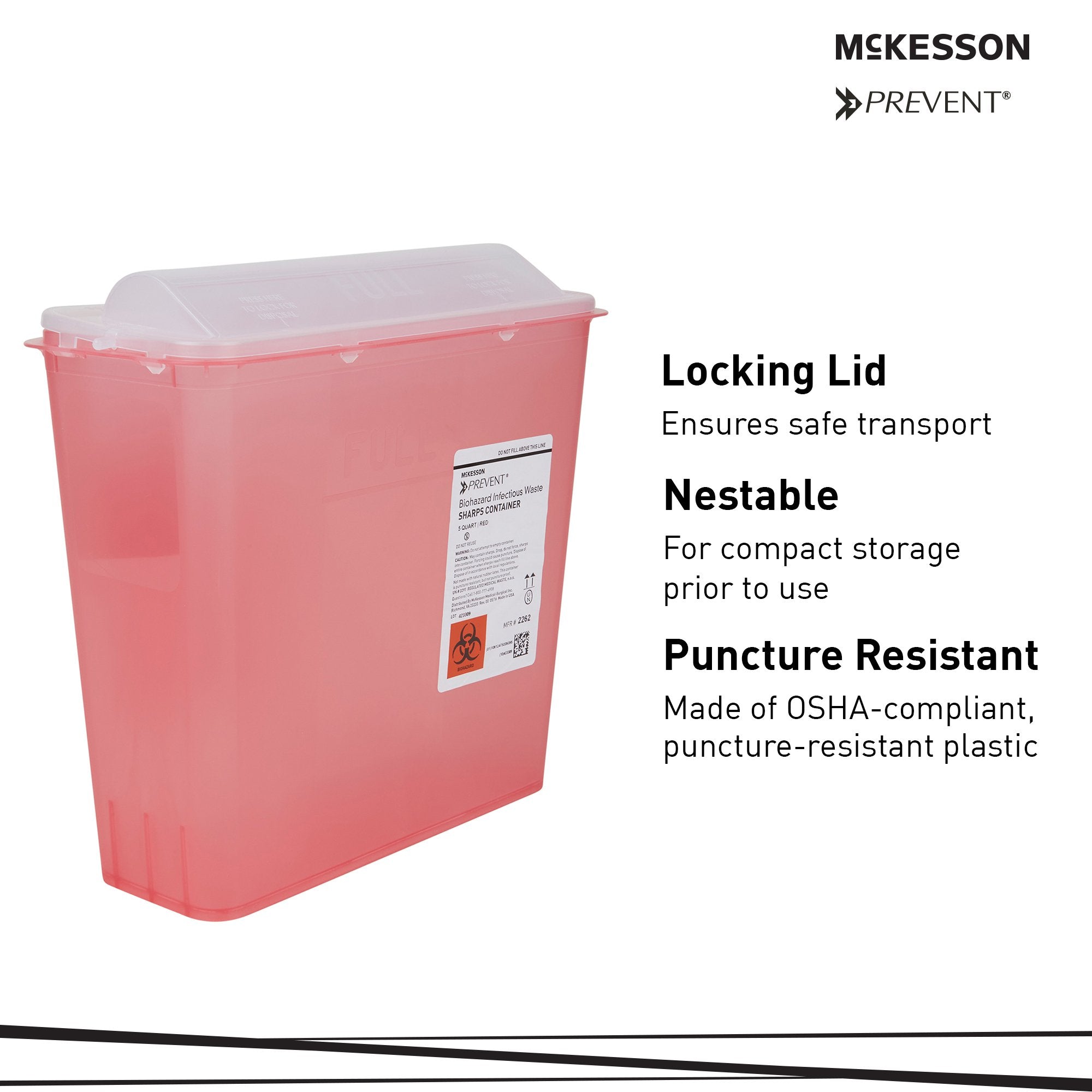 Sharps Container McKesson Prevent Translucent Red Base 10-3/4 H X 10-1/2 W X 4-3/4 D Inch Horizontal Entry 1.25 Gallon, Packaging Type- Case